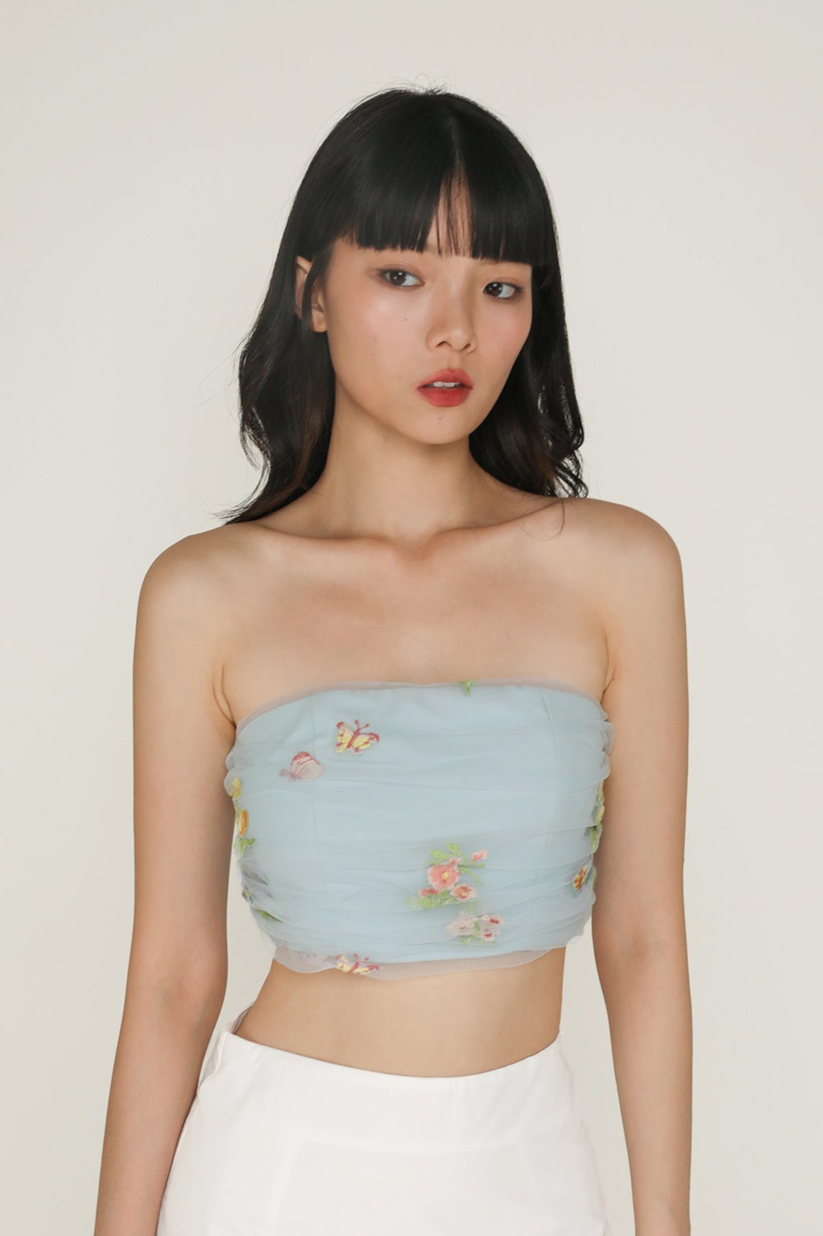 Lareen Embroidery Mesh Tube Padded Top (Sky Blue)