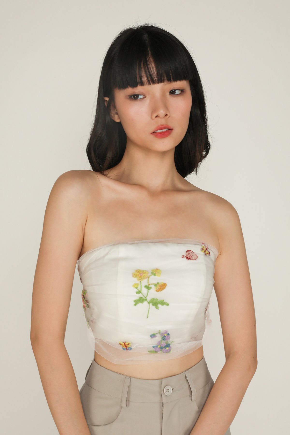 Lareen Embroidery Mesh Tube Padded Top (White)
