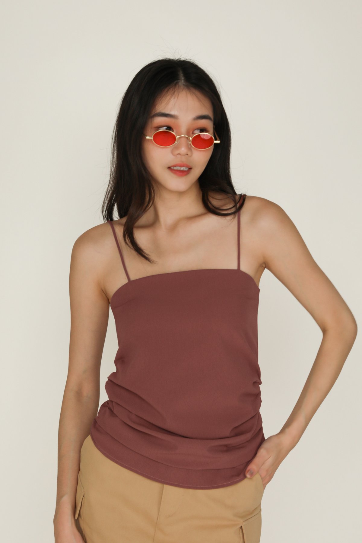 Naura Ruched Spag Top (Rusty Rose)