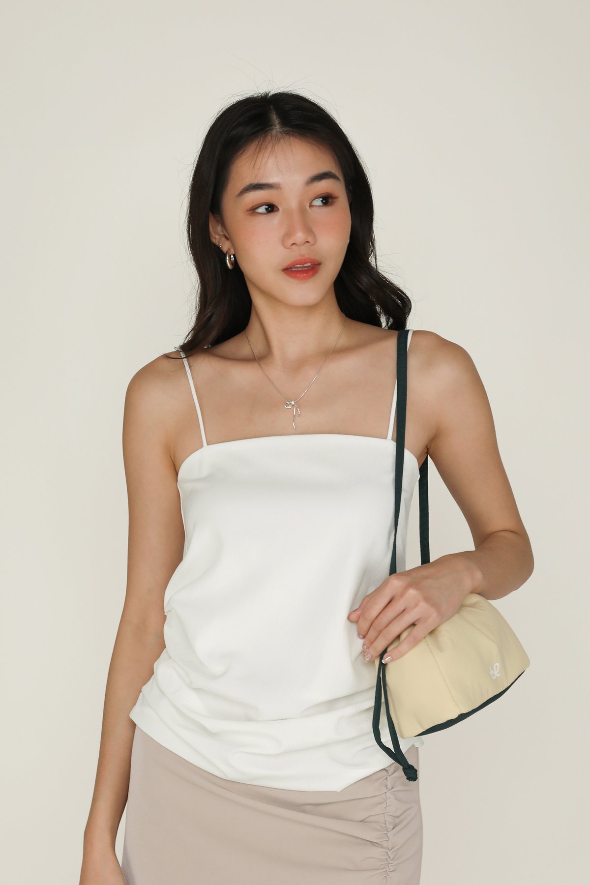 Naura Ruched Spag Top (White)
