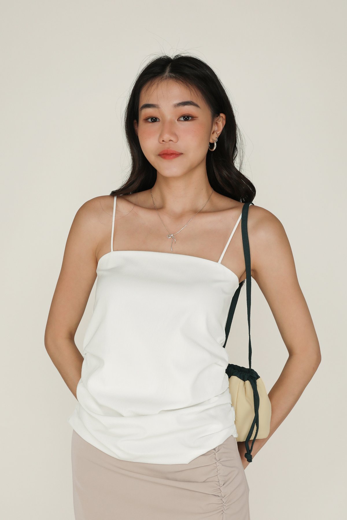 Naura Ruched Spag Top (White)