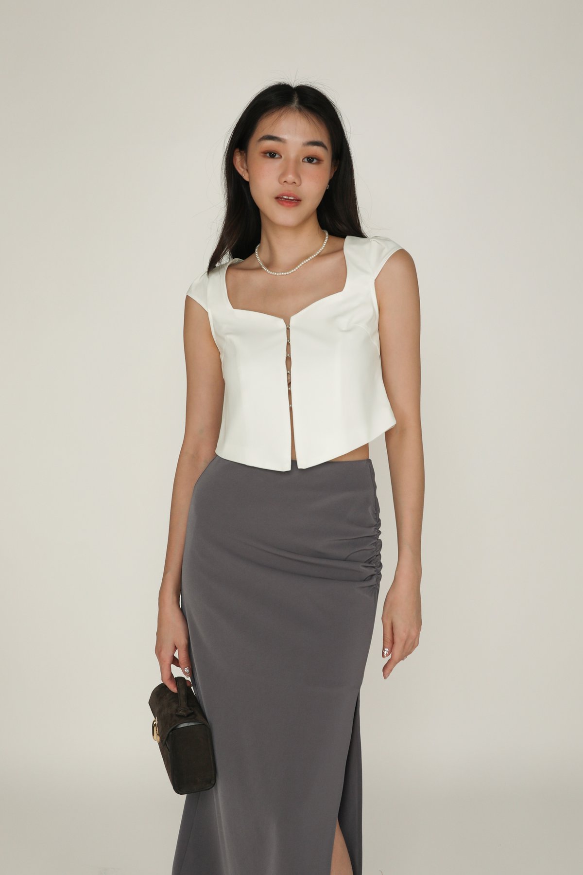 Petite Amina Ruched Side Maxi Skirt (Dark Grey)