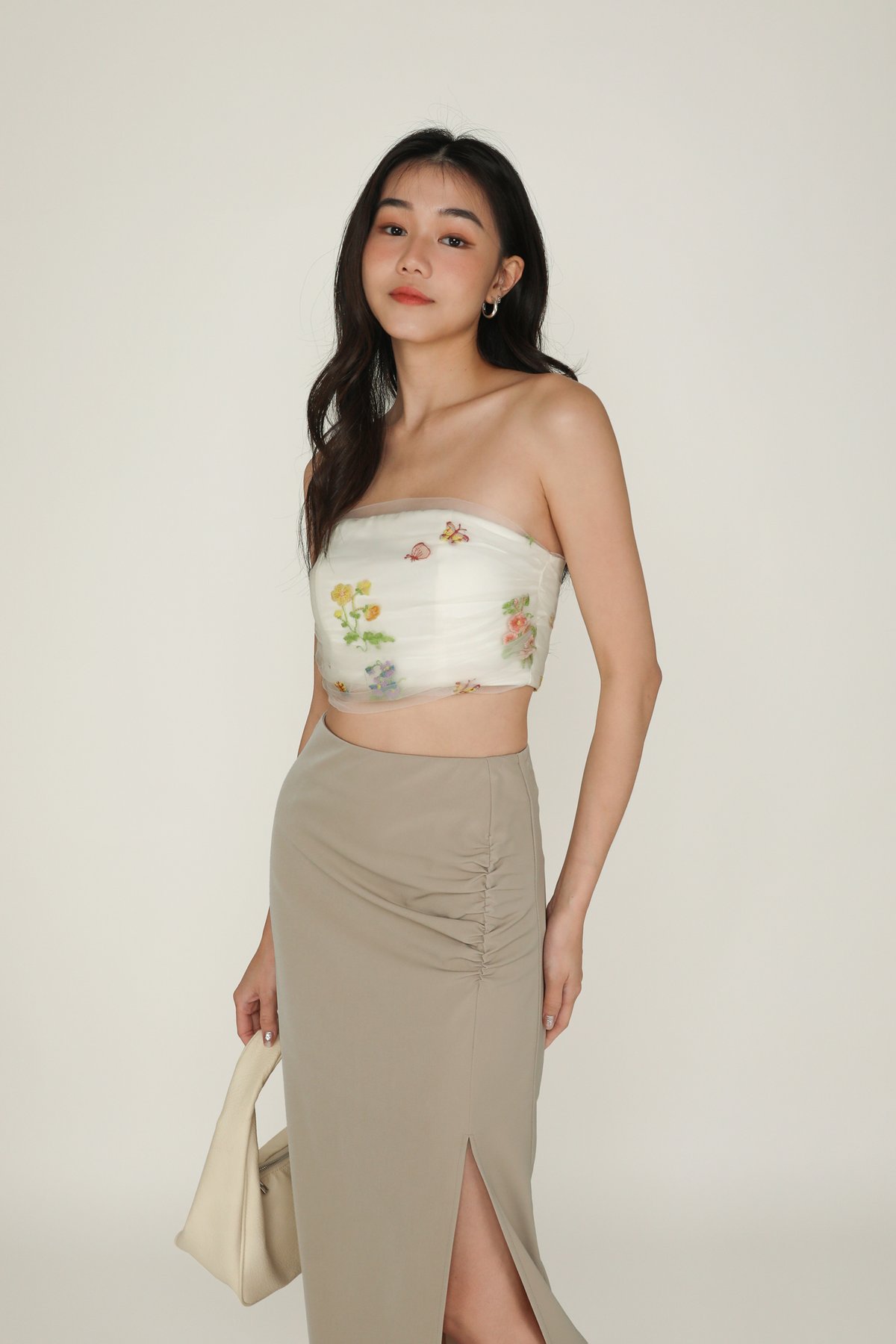 Petite Amina Ruched Side Maxi Skirt (Taupe)