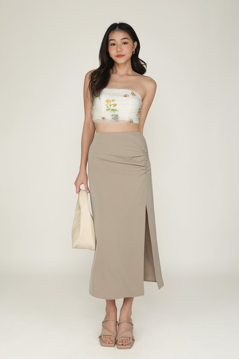 Amina Ruched Side Maxi Skirt (Taupe)