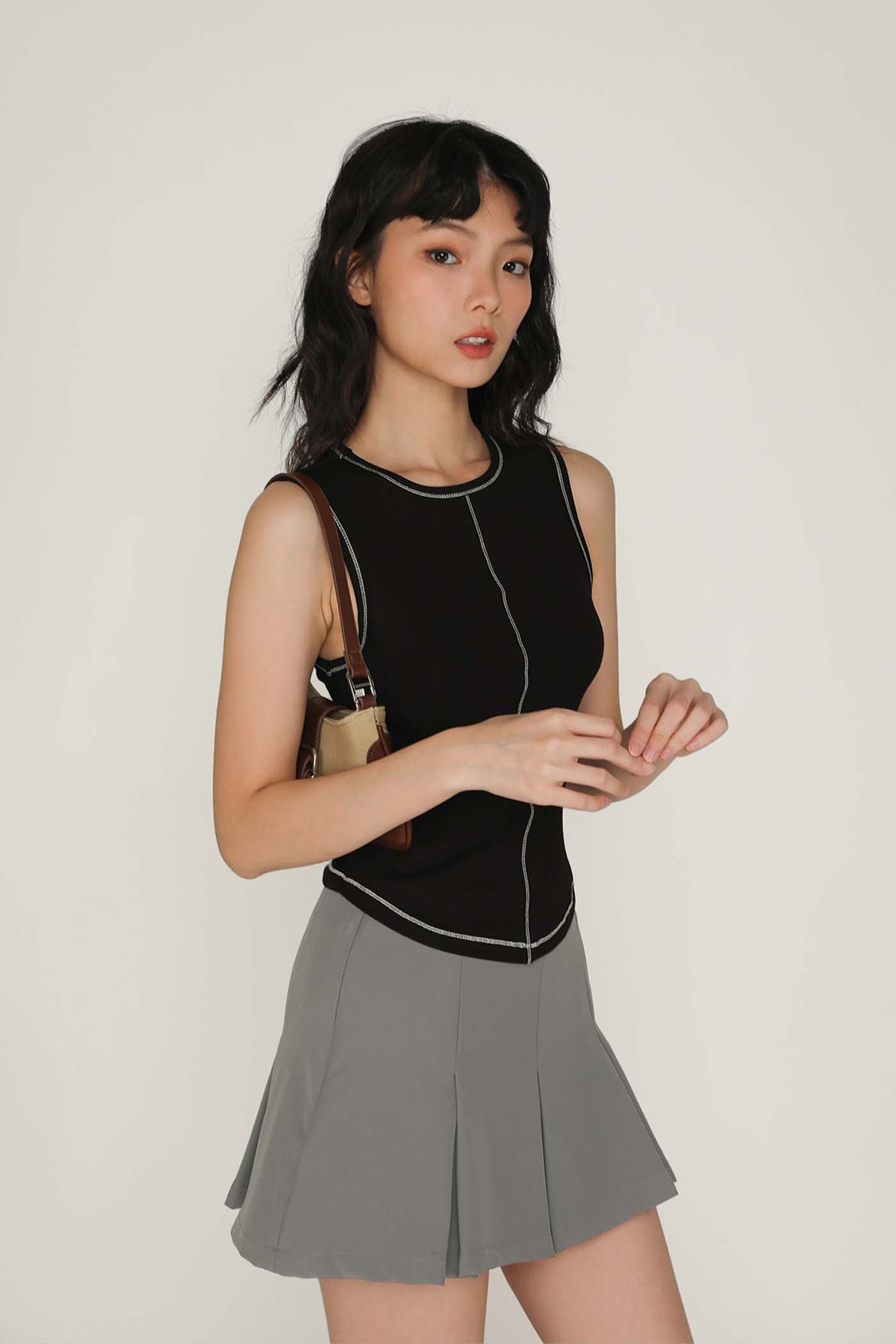 Rory Contrast Stitching Curved Hem Top (Black) Limited Edition