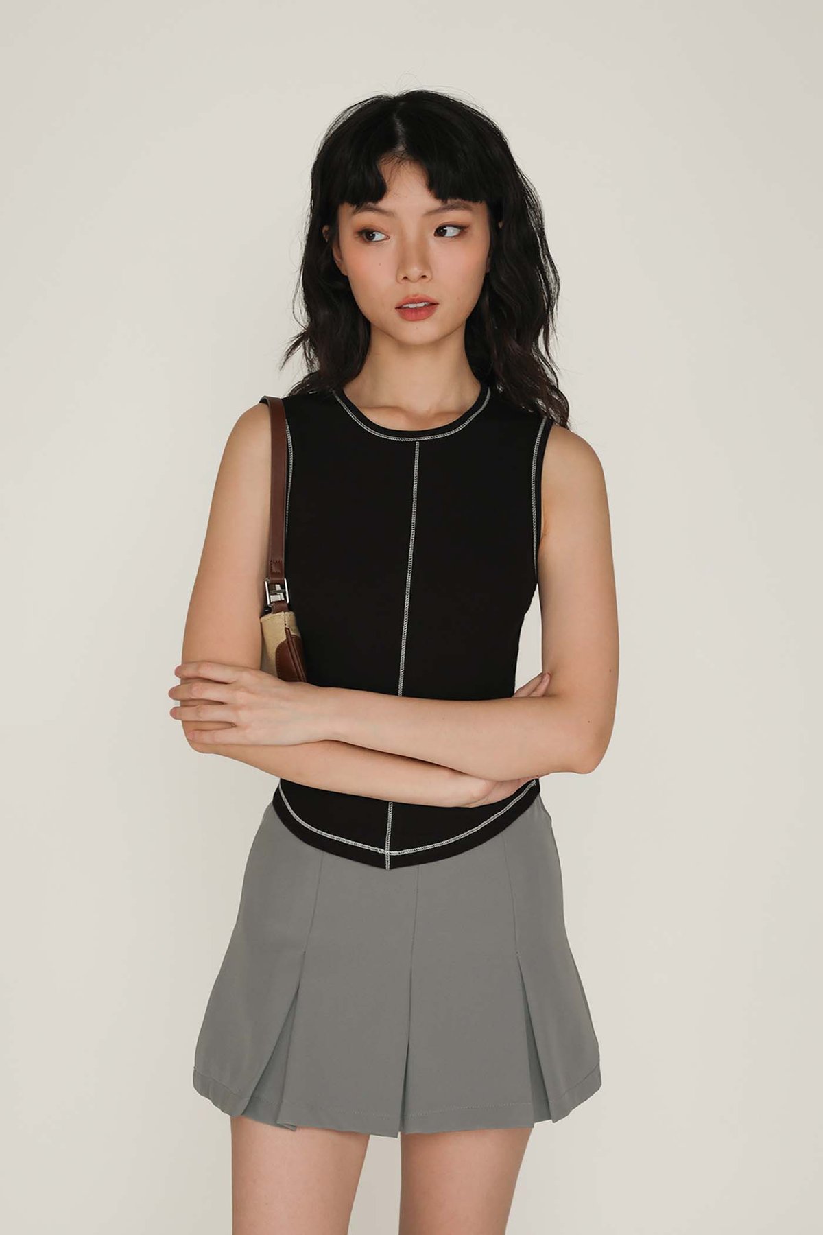Rory Contrast Stitching Curved Hem Top (Black) Limited Edition