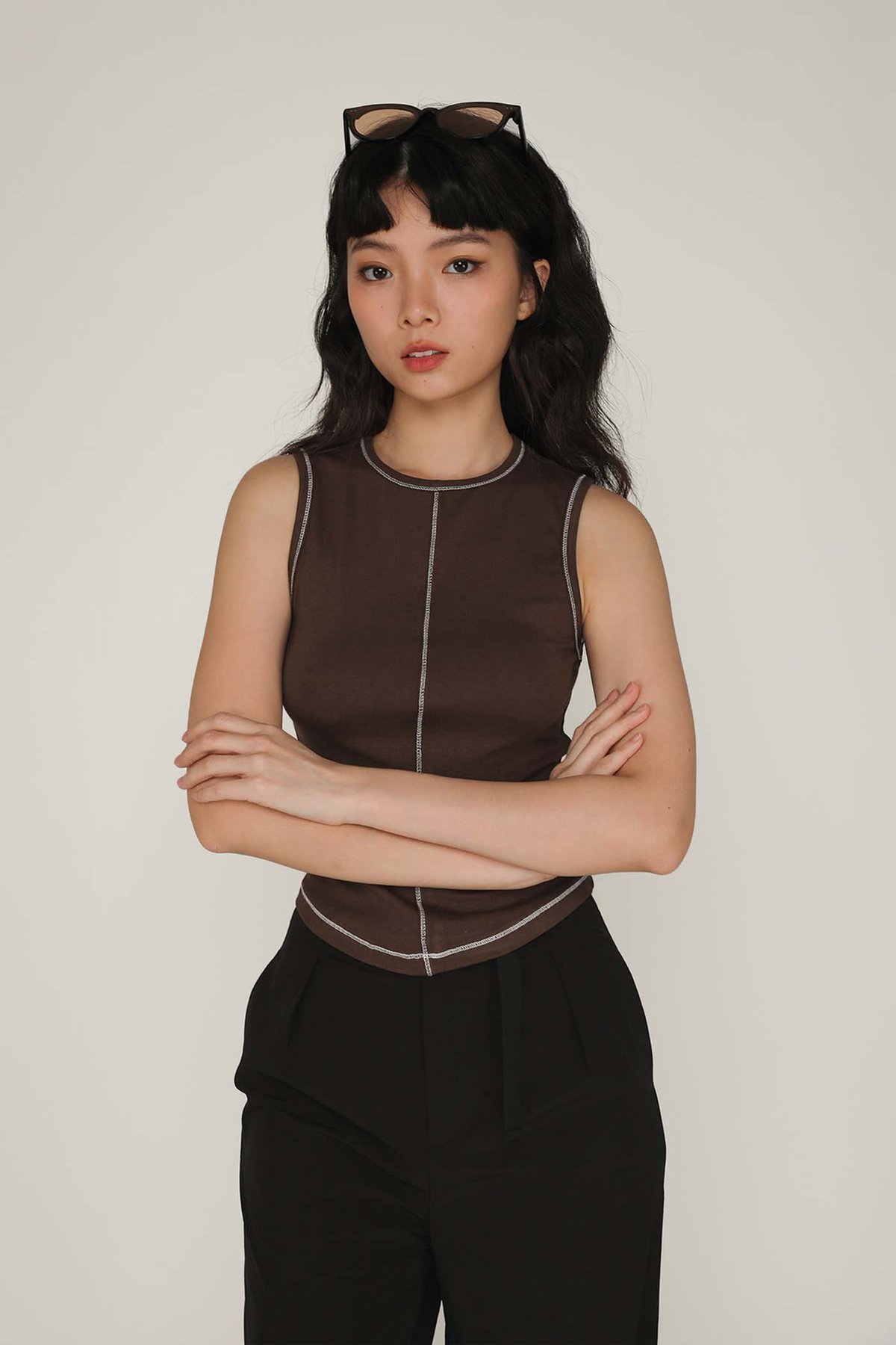 Rory Contrast Stitching Curved Hem Top (Brown) Limited Edition