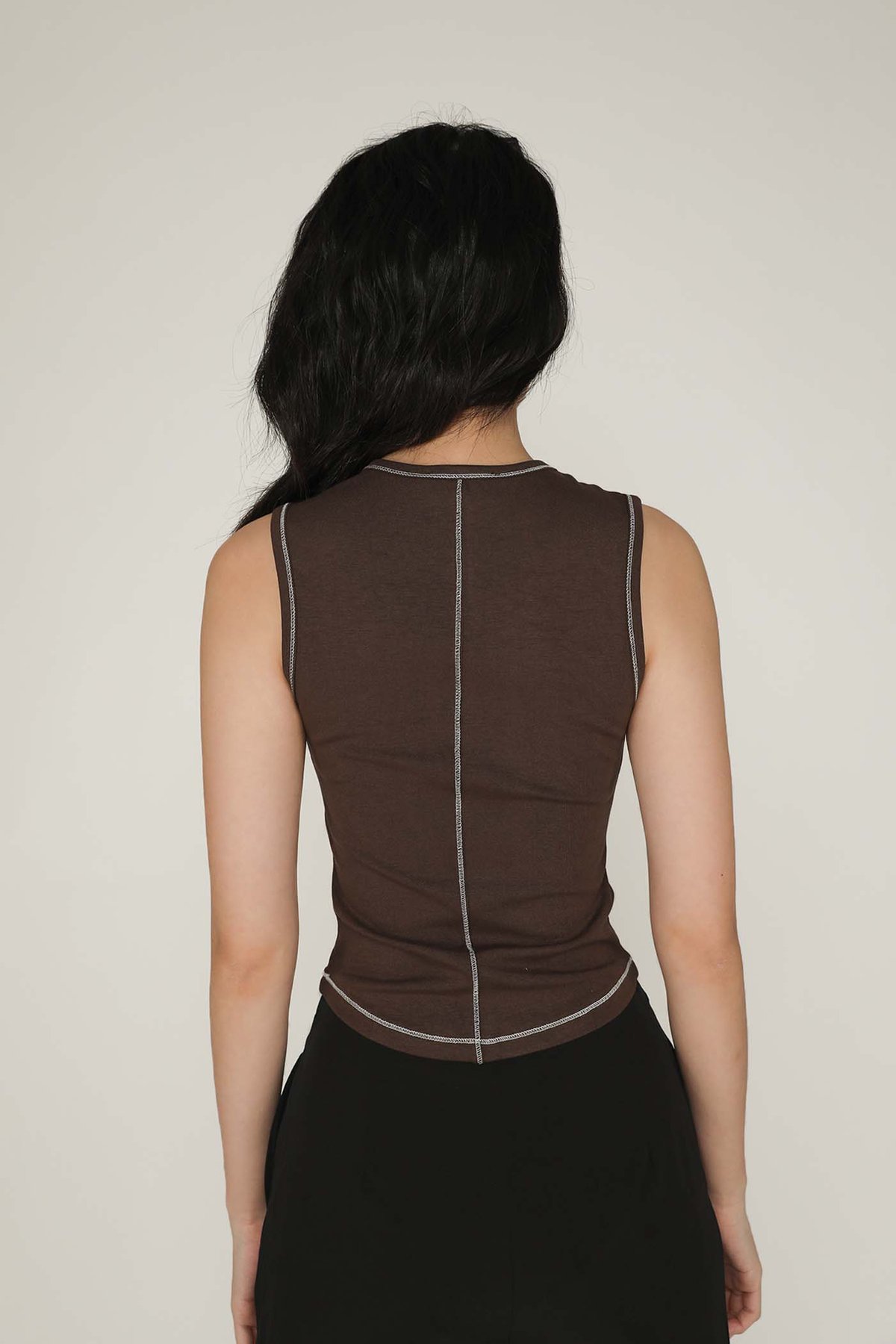 Rory Contrast Stitching Curved Hem Top (Brown) Limited Edition