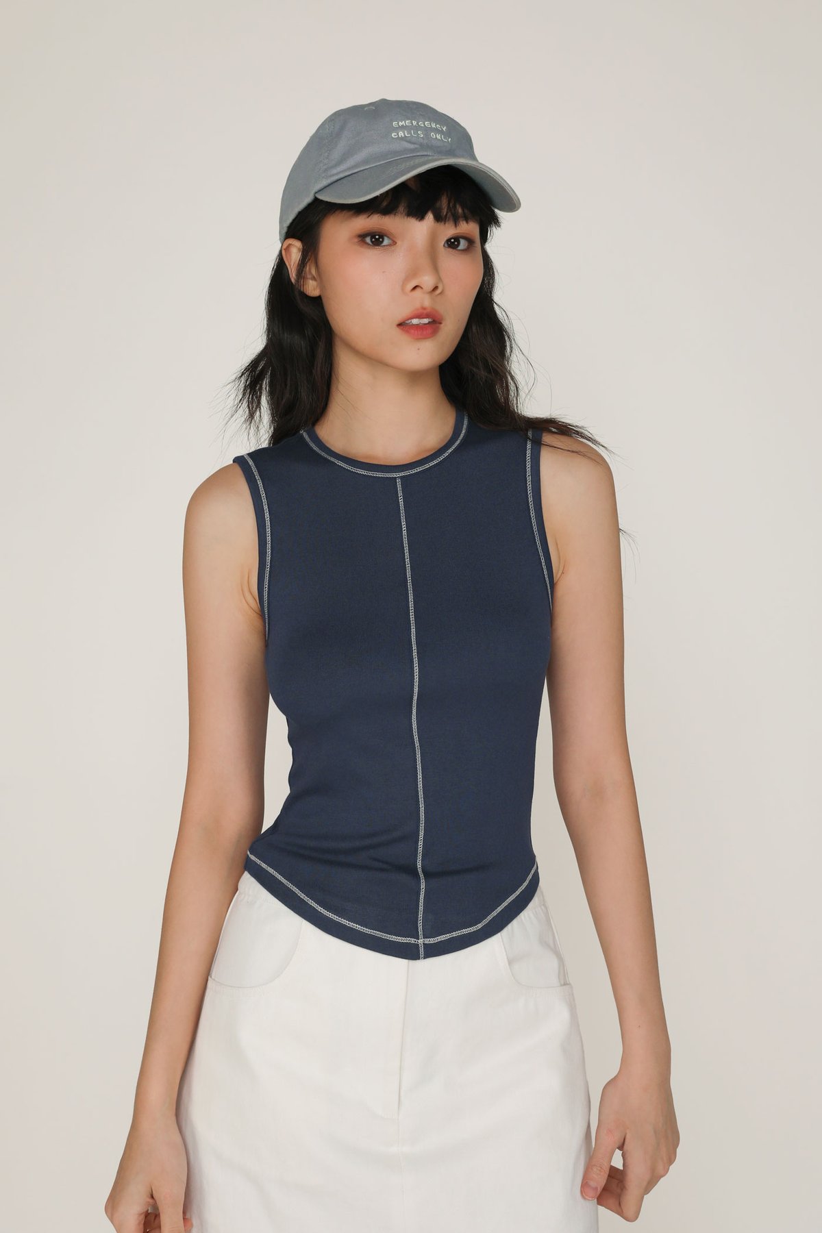 Rory Contrast Stitching Curved Hem Top (Navy) Limited Edition