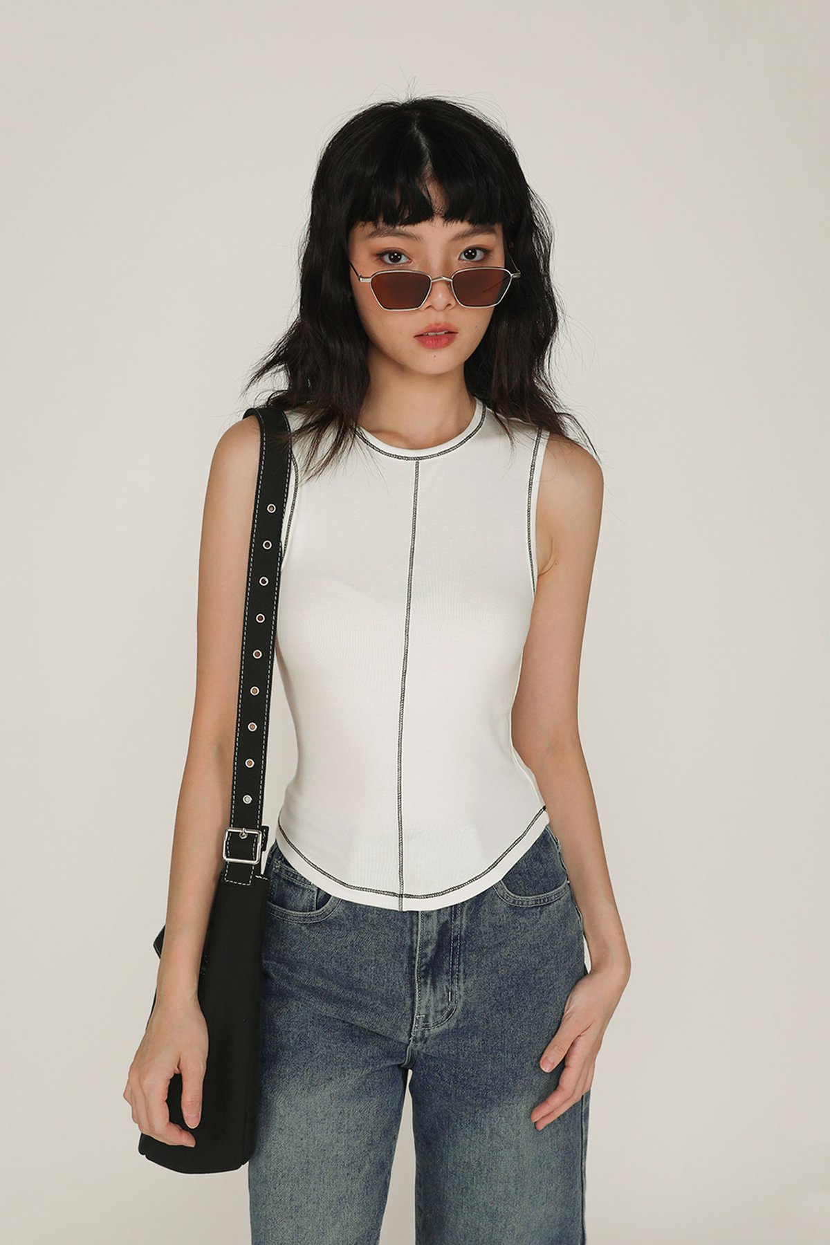 Rory Contrast Stitching Curved Hem Top (White) Limited Edition
