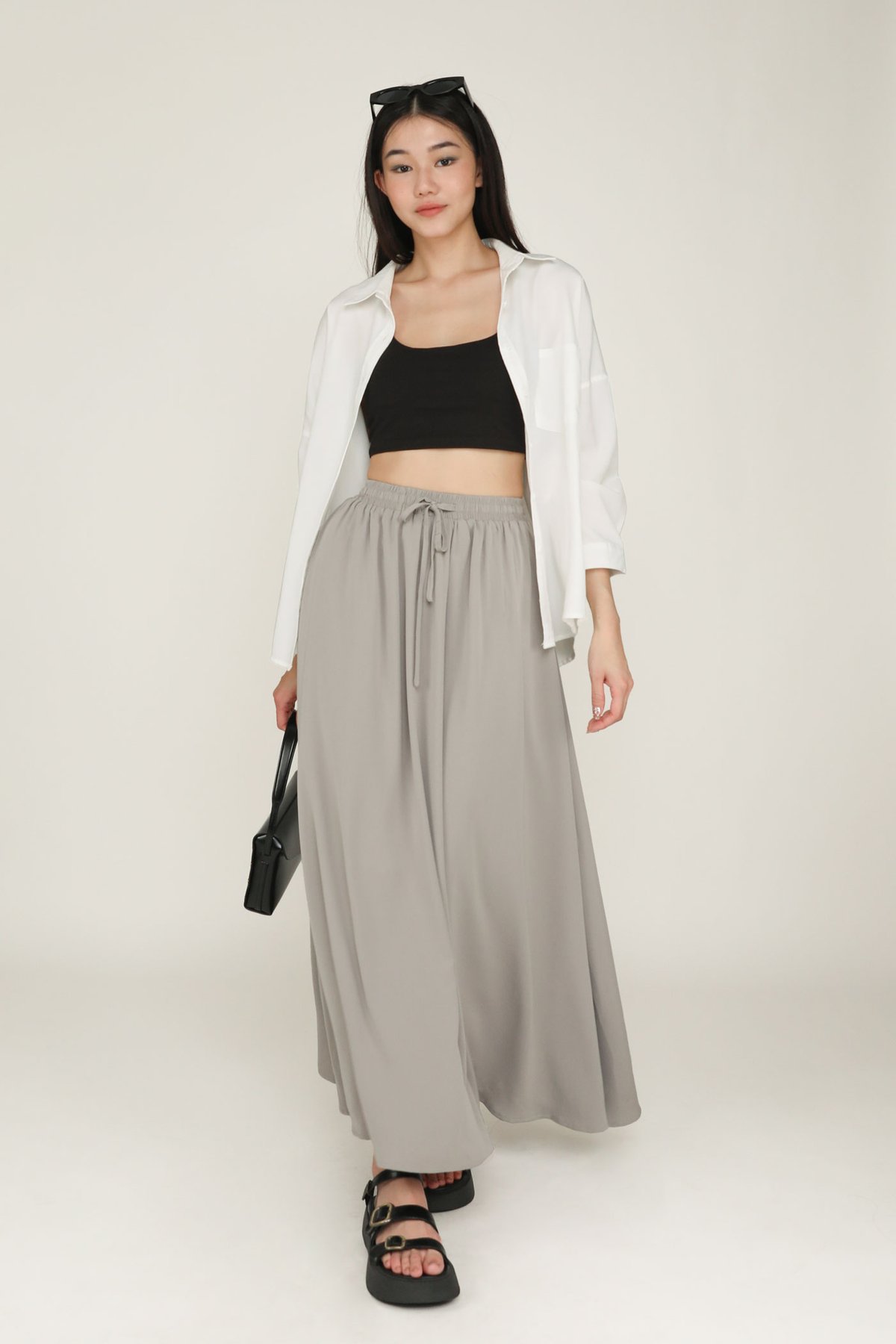 Rylee Drawstring Flare Maxi Skirt (Cool Grey)