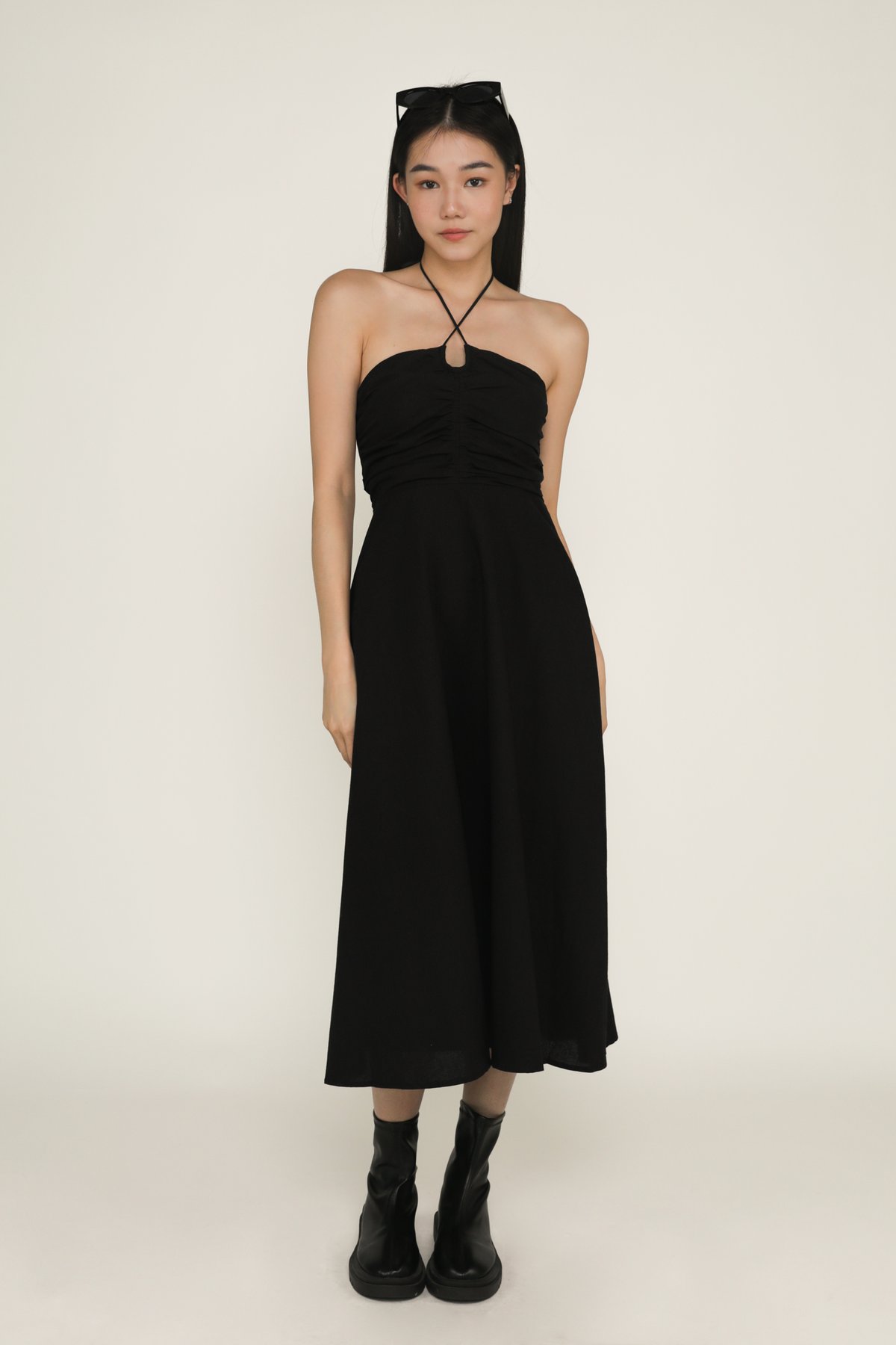 Aella Ruch Halter Maxi Dress (Black)