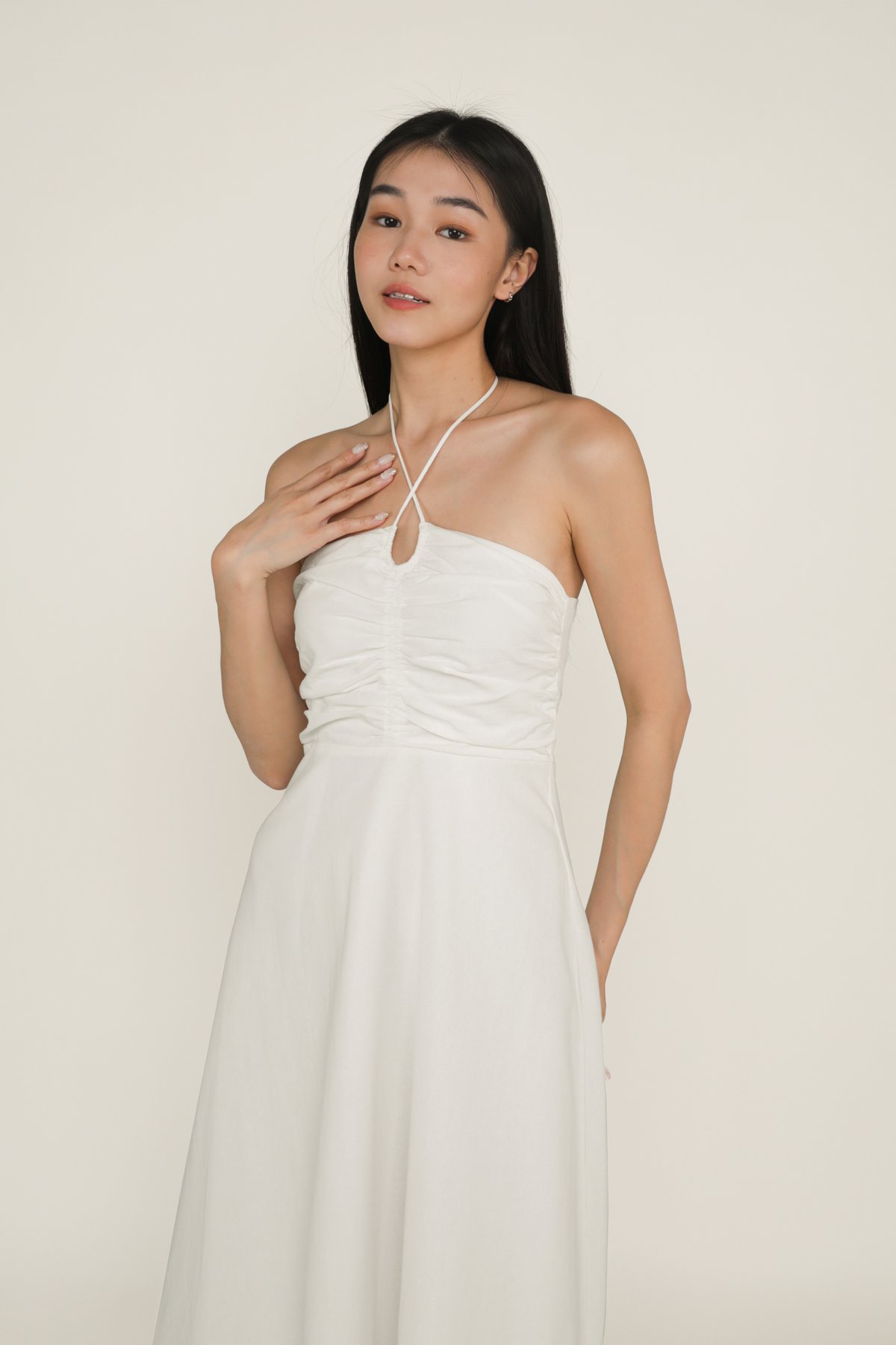 Aella Ruch Halter Maxi Dress (White)