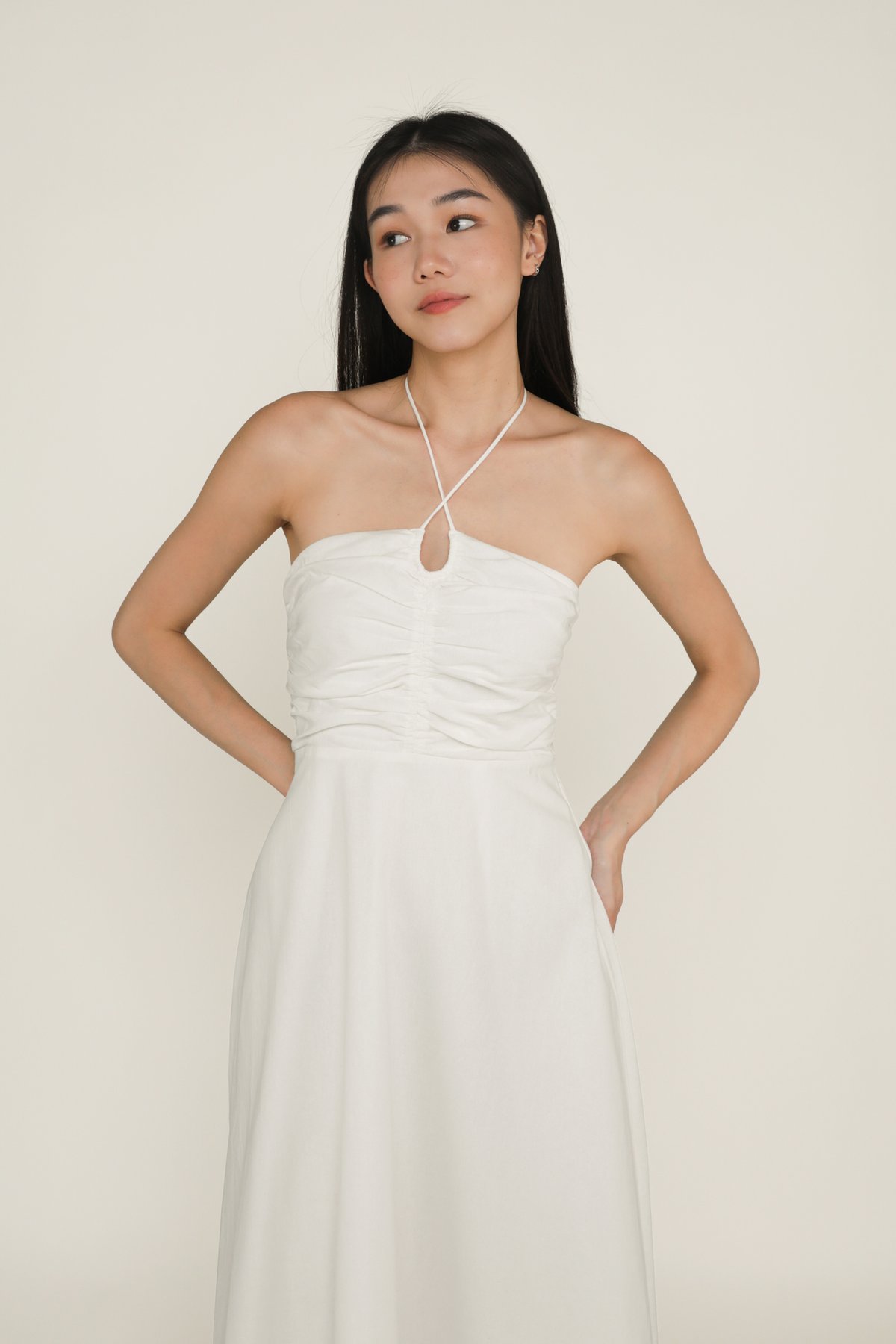 Aella Ruch Halter Maxi Dress (White)