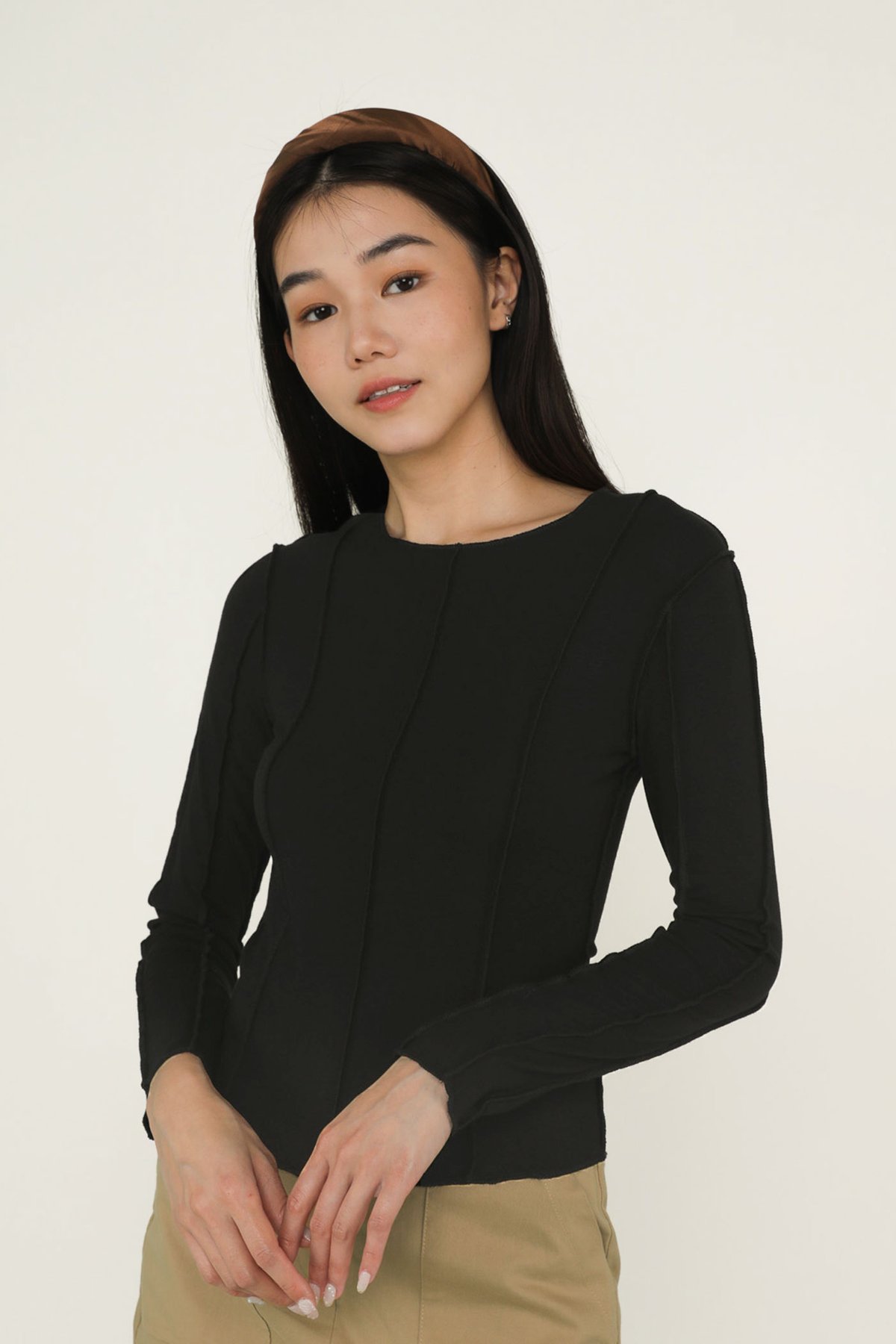 Janet Stitched Long Sleeve Top (Black)