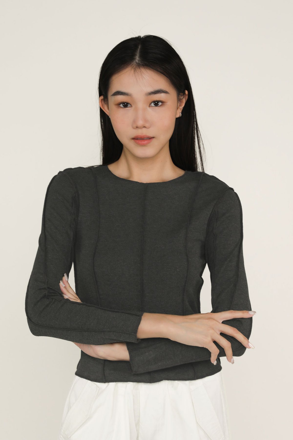 Janet Stitched Long Sleeve Top (Dark Heather Grey)