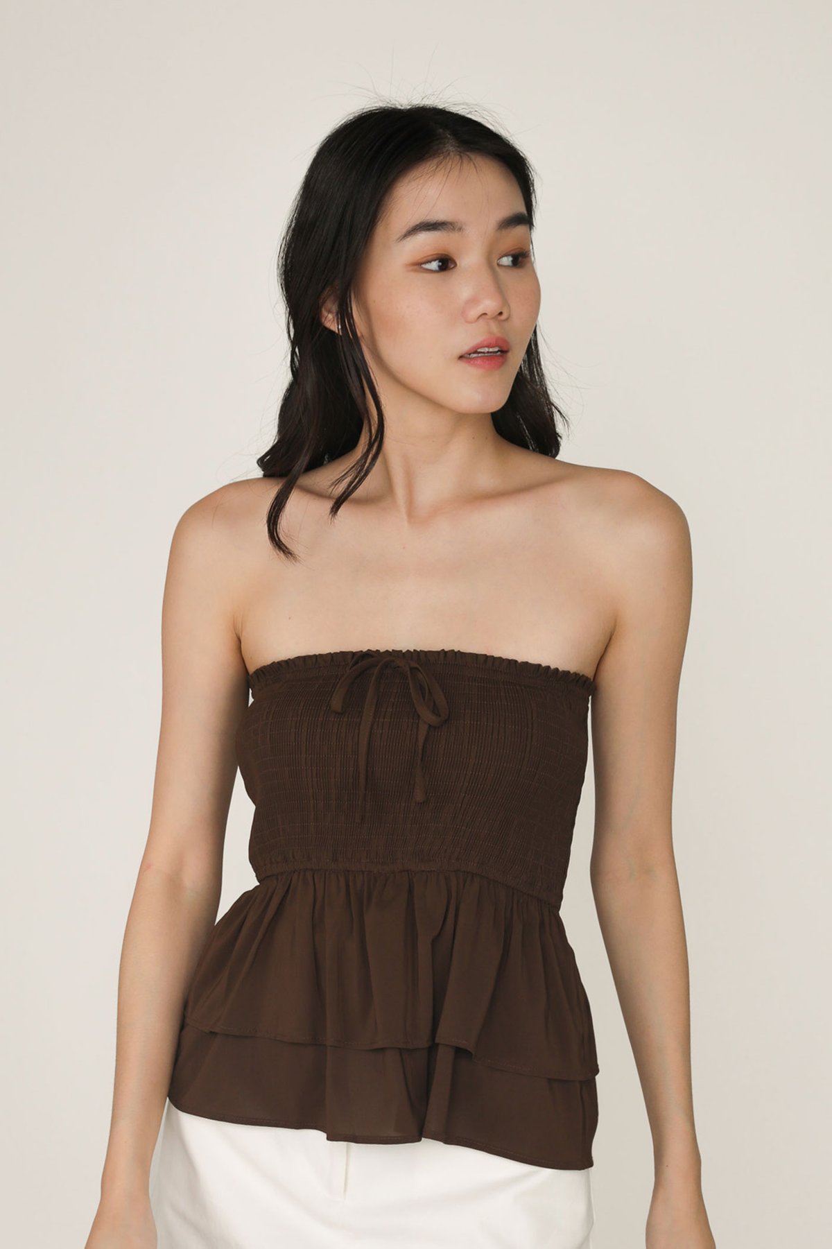 Kelcey Tie Front Ribbon Tube Top (Dark Brown)