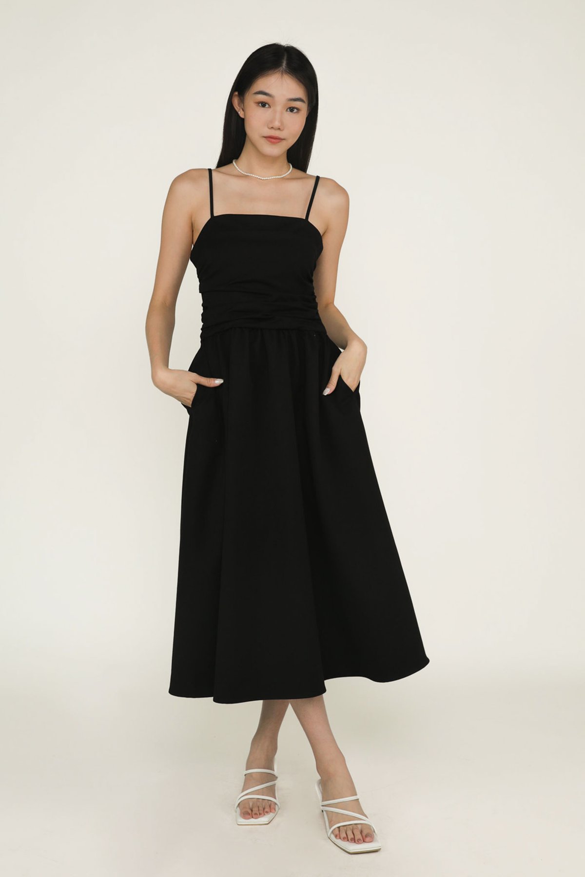 Gladys Ruched Front Midi Dress (Black)
