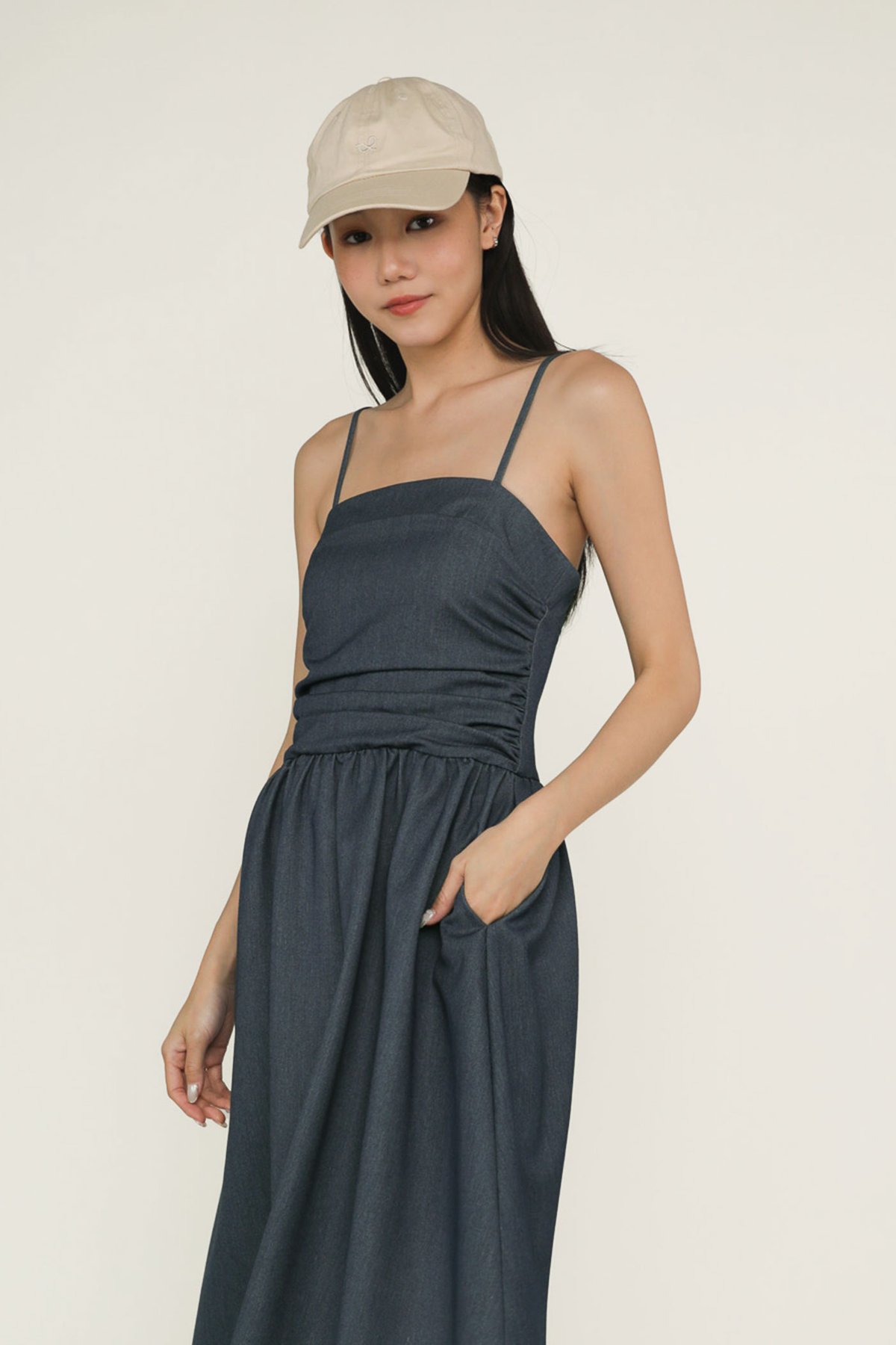 Gladys Ruched Front Midi Dress (Midnight Blue)