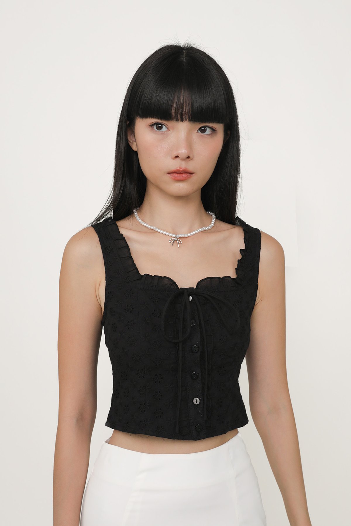 Relia Eyelet Ruffles Top (Black)