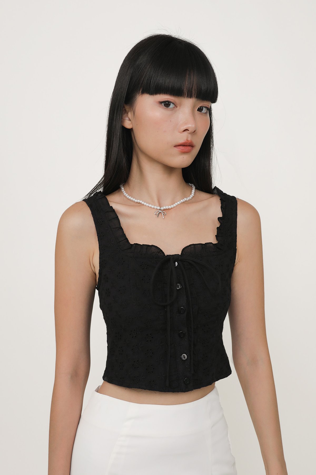 Relia Eyelet Ruffles Top (Black)