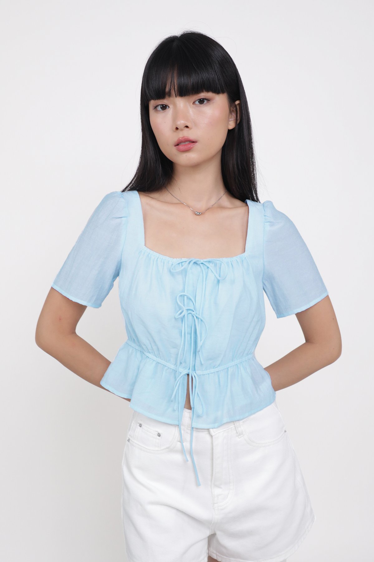 Avalynn Tie Front Sleeve Top (Baby Blue)