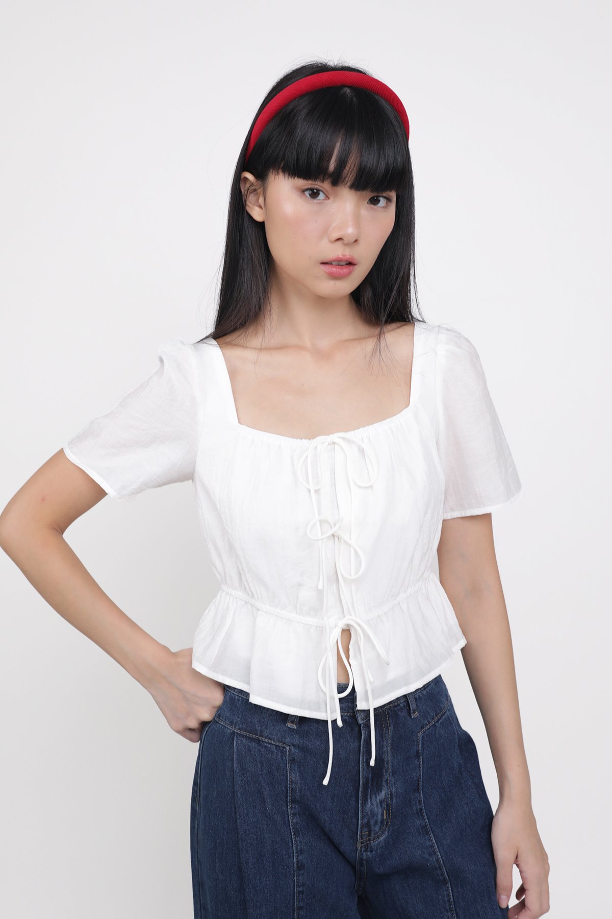 Avalynn Tie Front Sleeve Top (White)