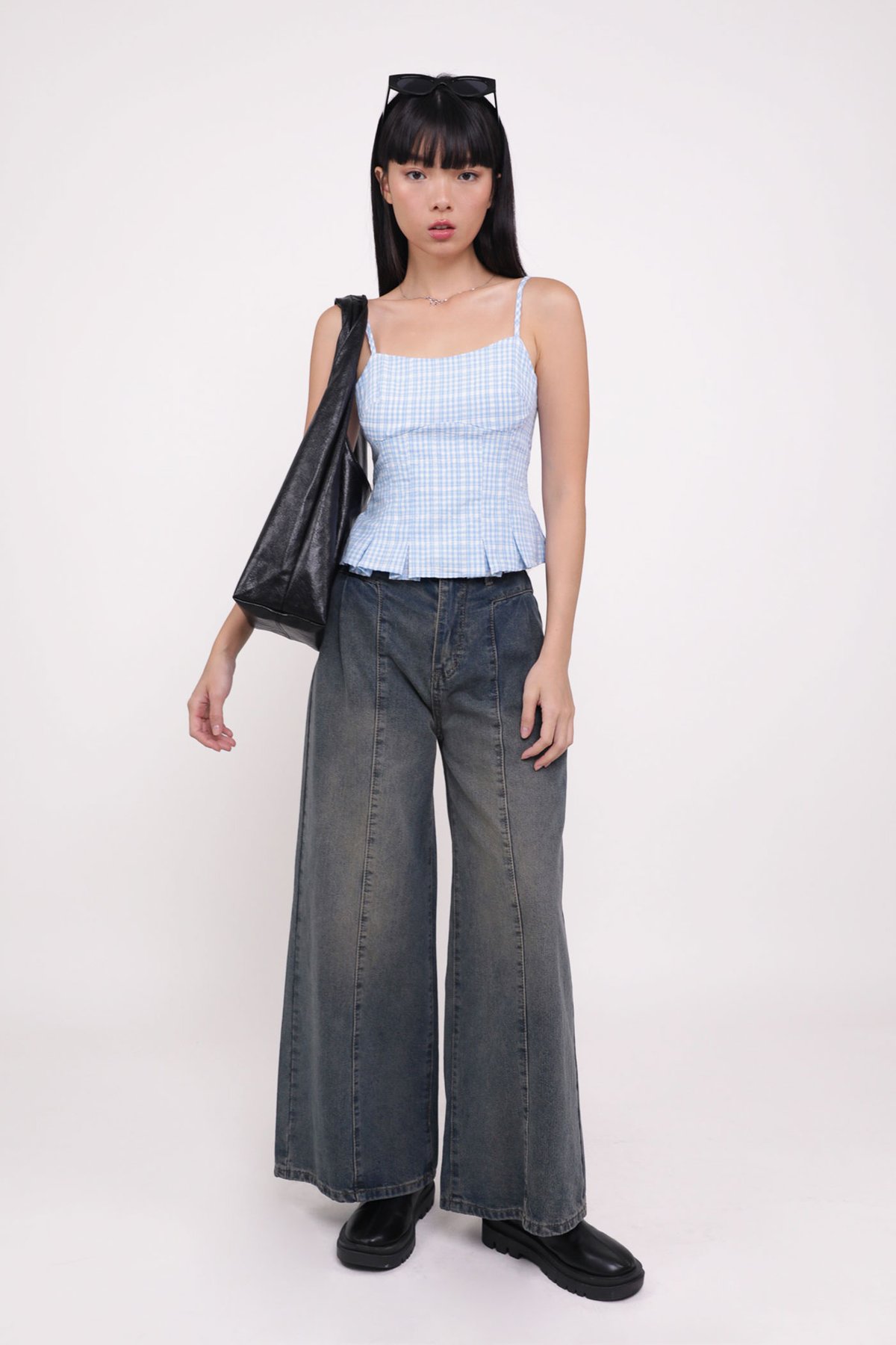 Lelia Pleated Top (Blue Plaid)