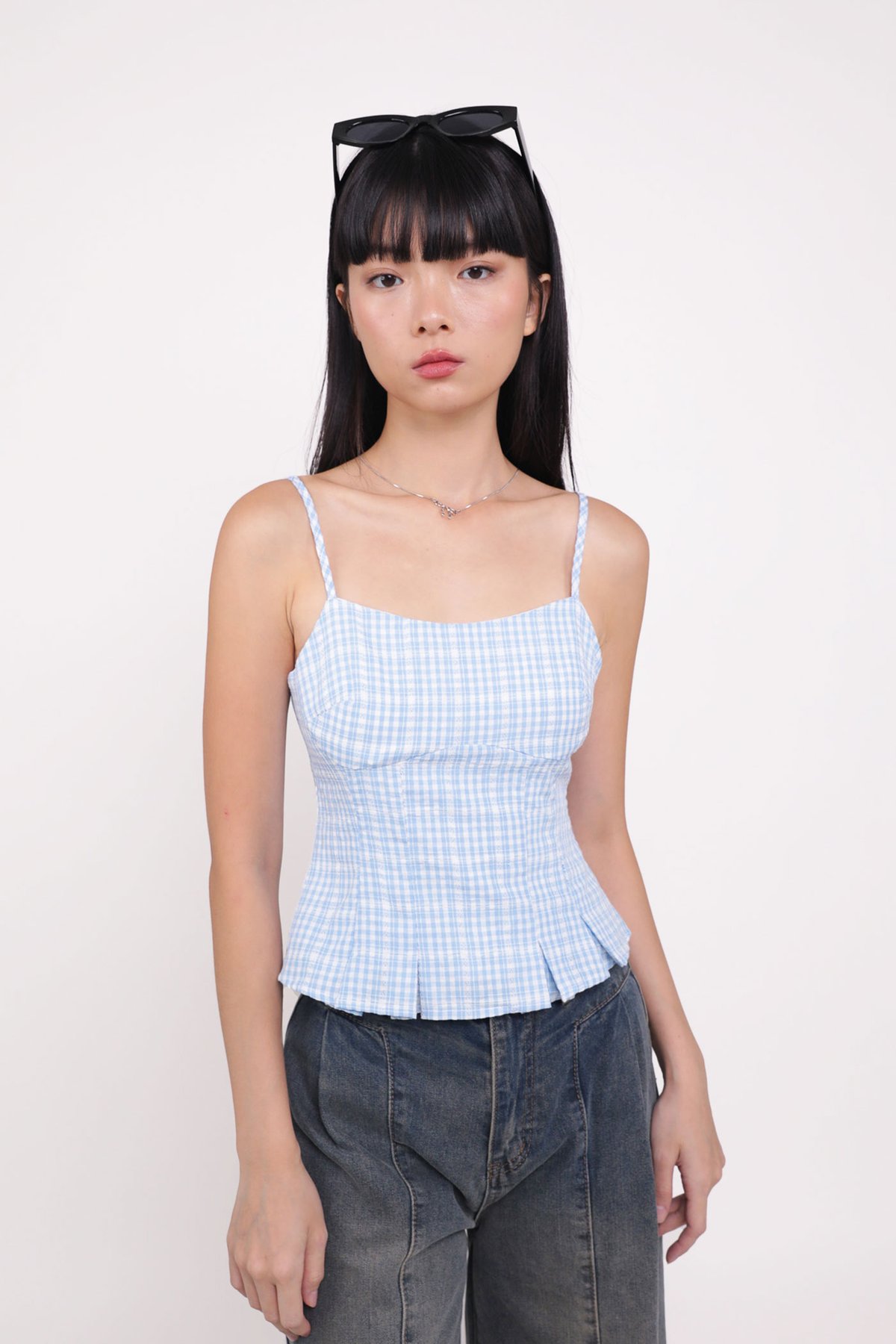 Lelia Pleated Top (Blue Plaid)