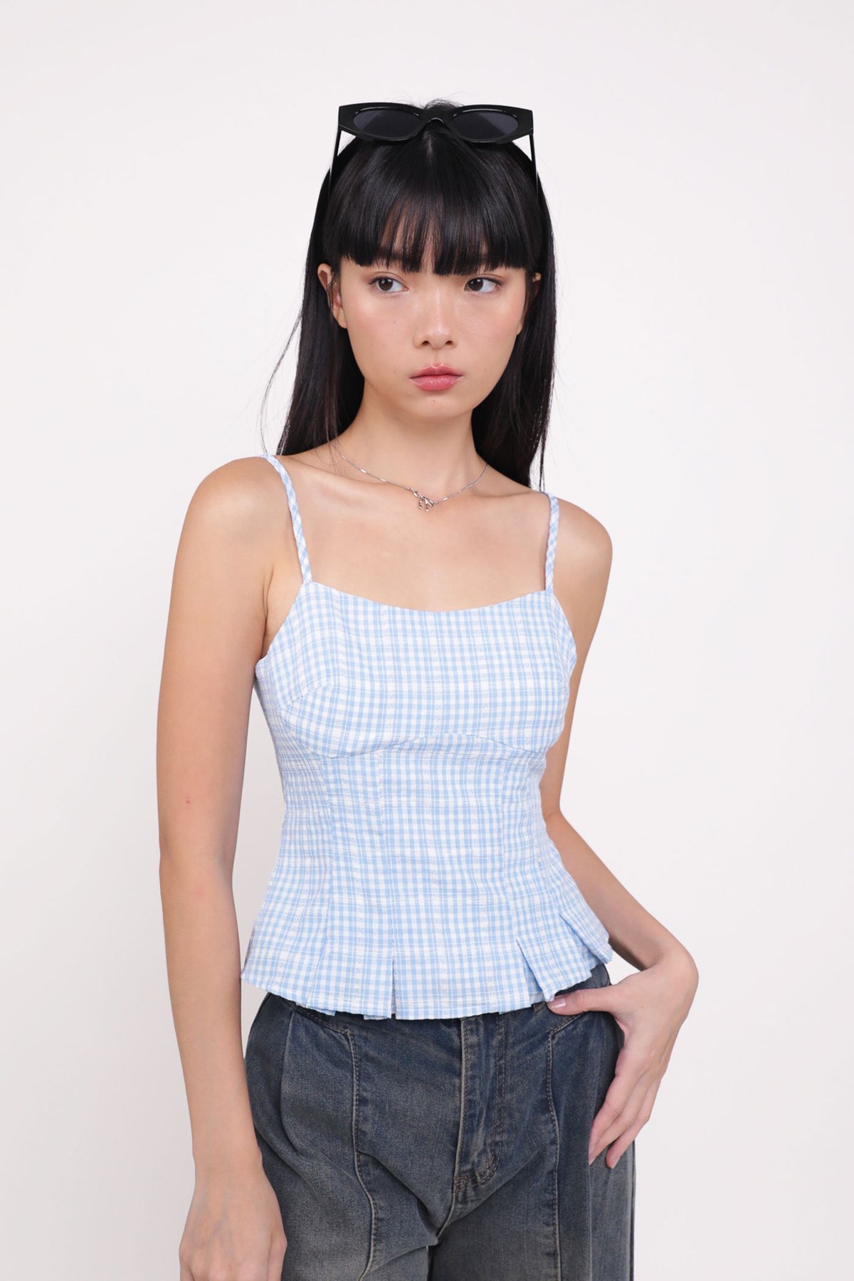 Lelia Pleated Top (Blue Plaid)