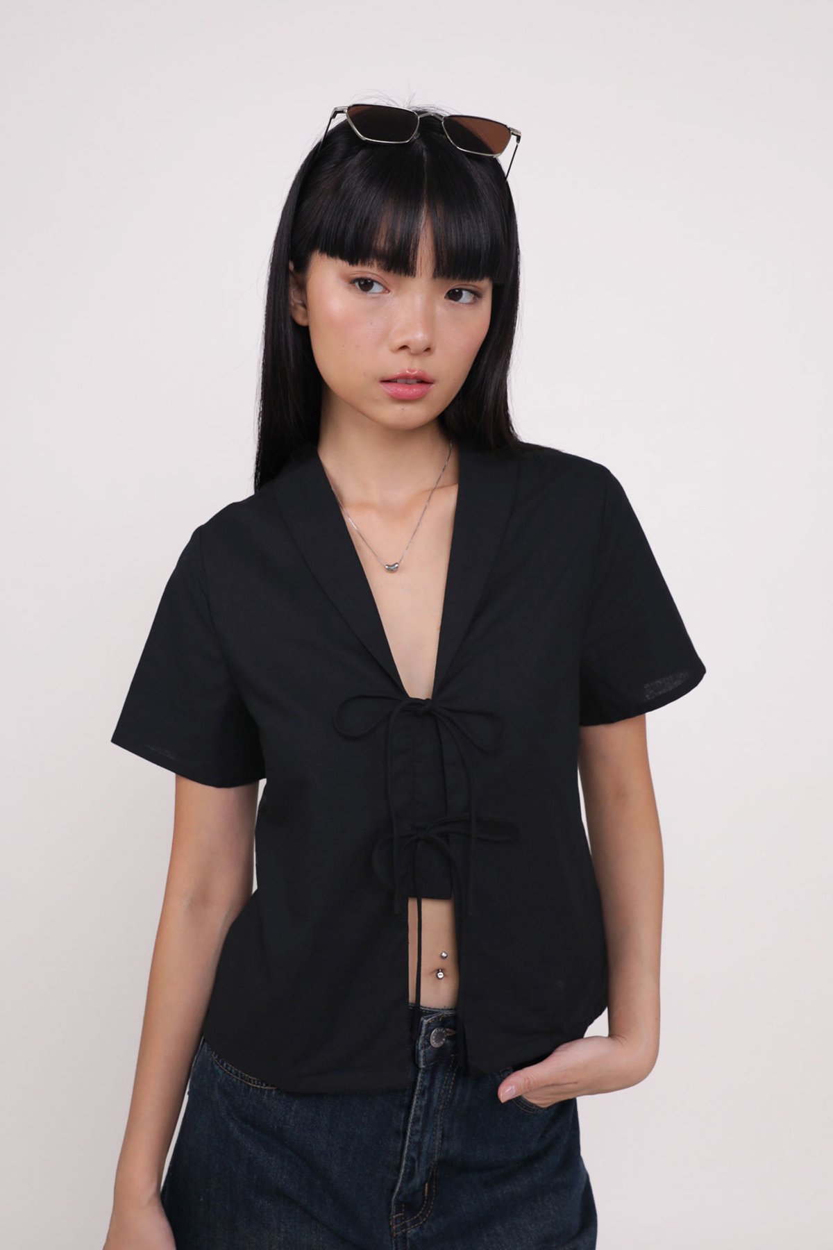 Miley Tie Front Linen Shirt (Black)