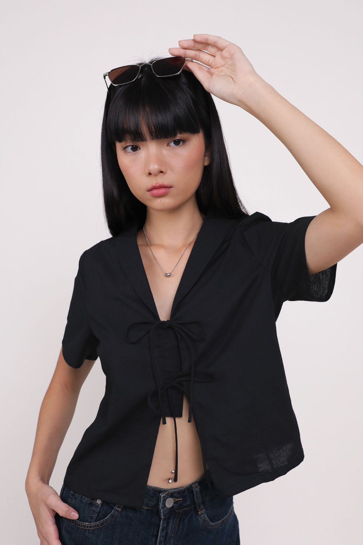 Miley Tie Front Linen Shirt (Black)