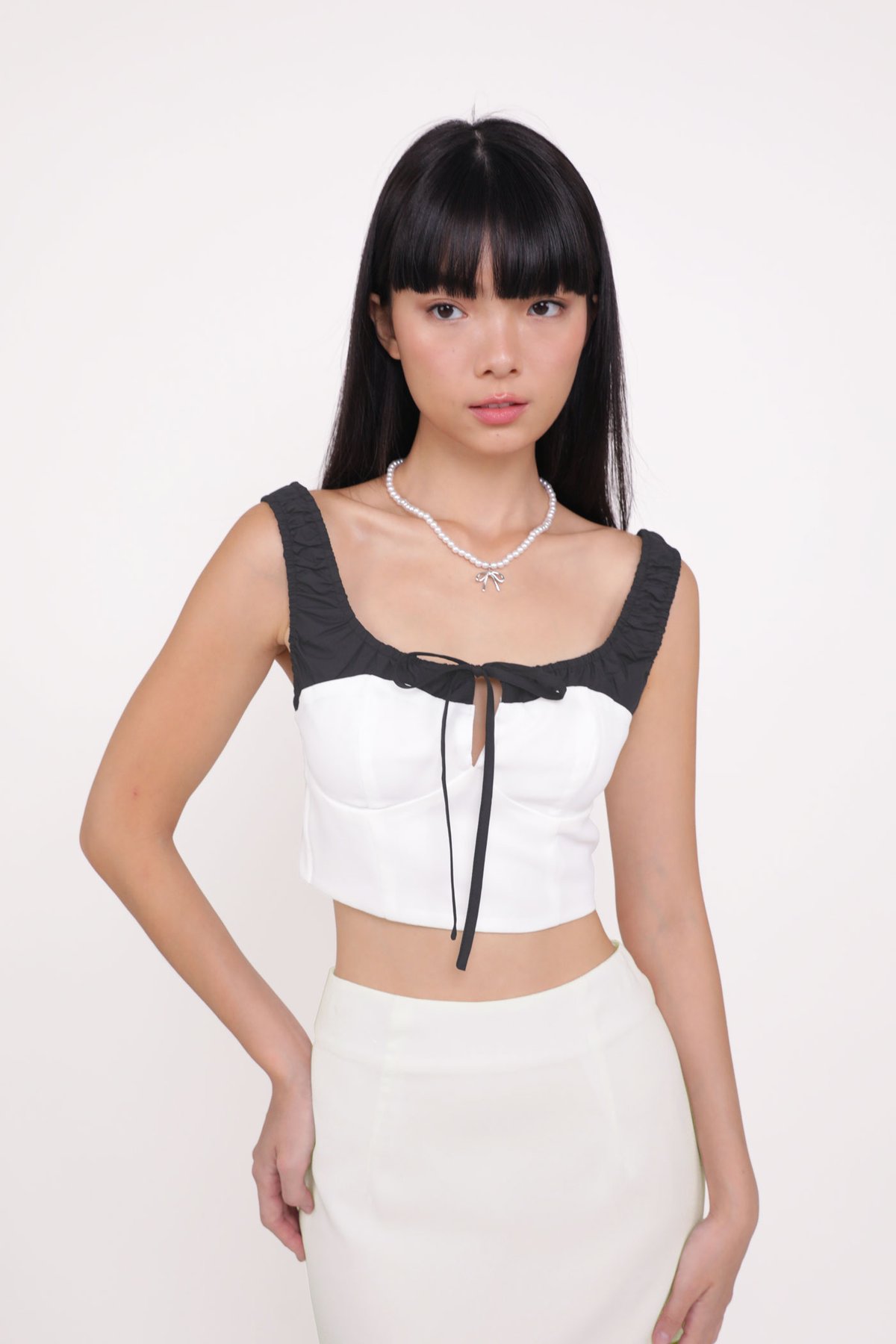 Maira Contrast Ruched Tie Front Top (White)