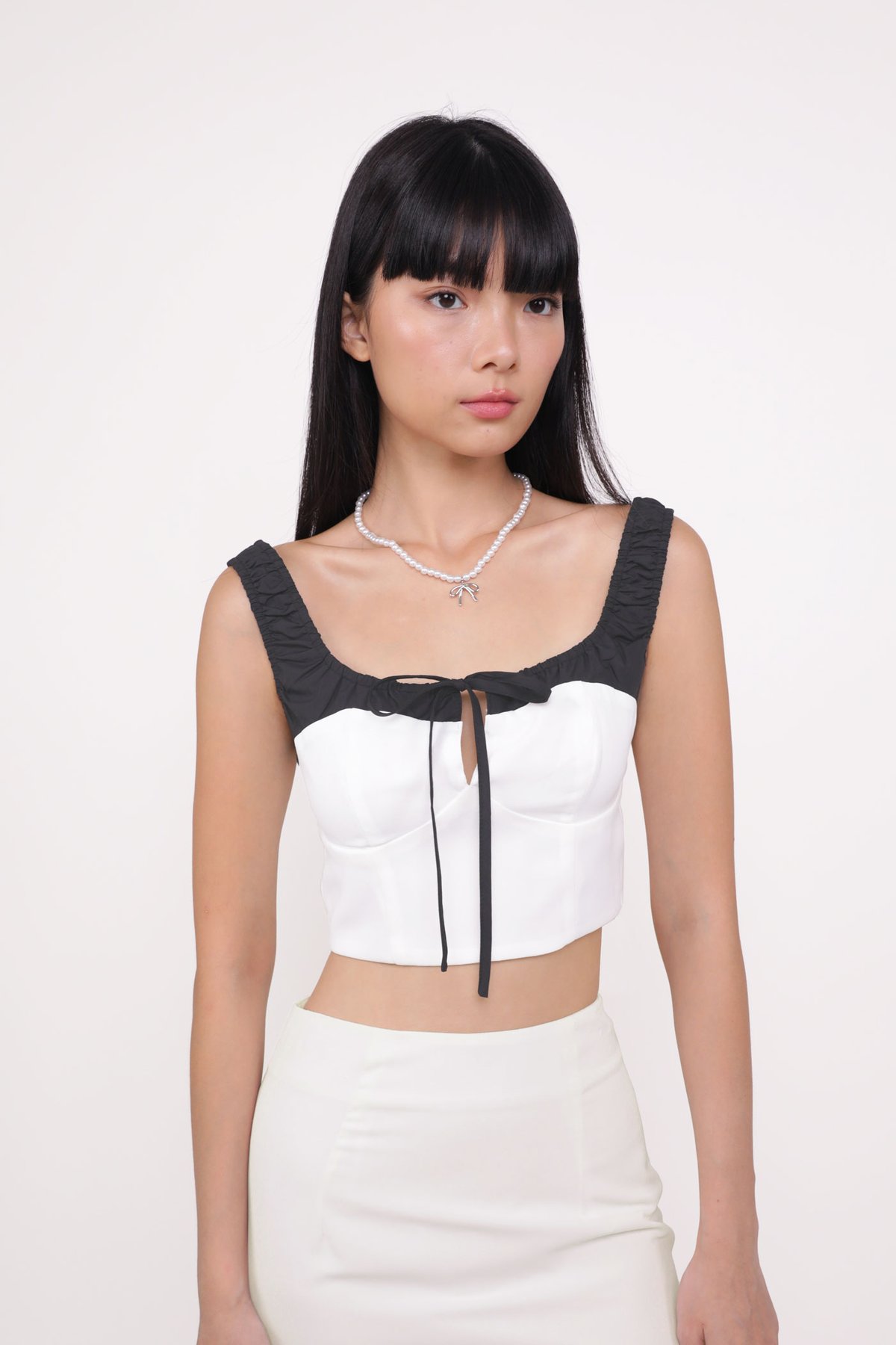 Maira Contrast Ruched Tie Front Top (White)