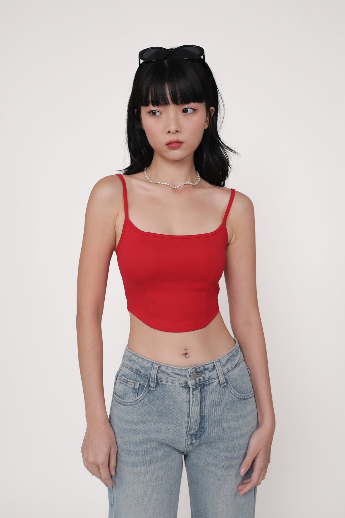 Adela Curved Hem Padded Top (Red)