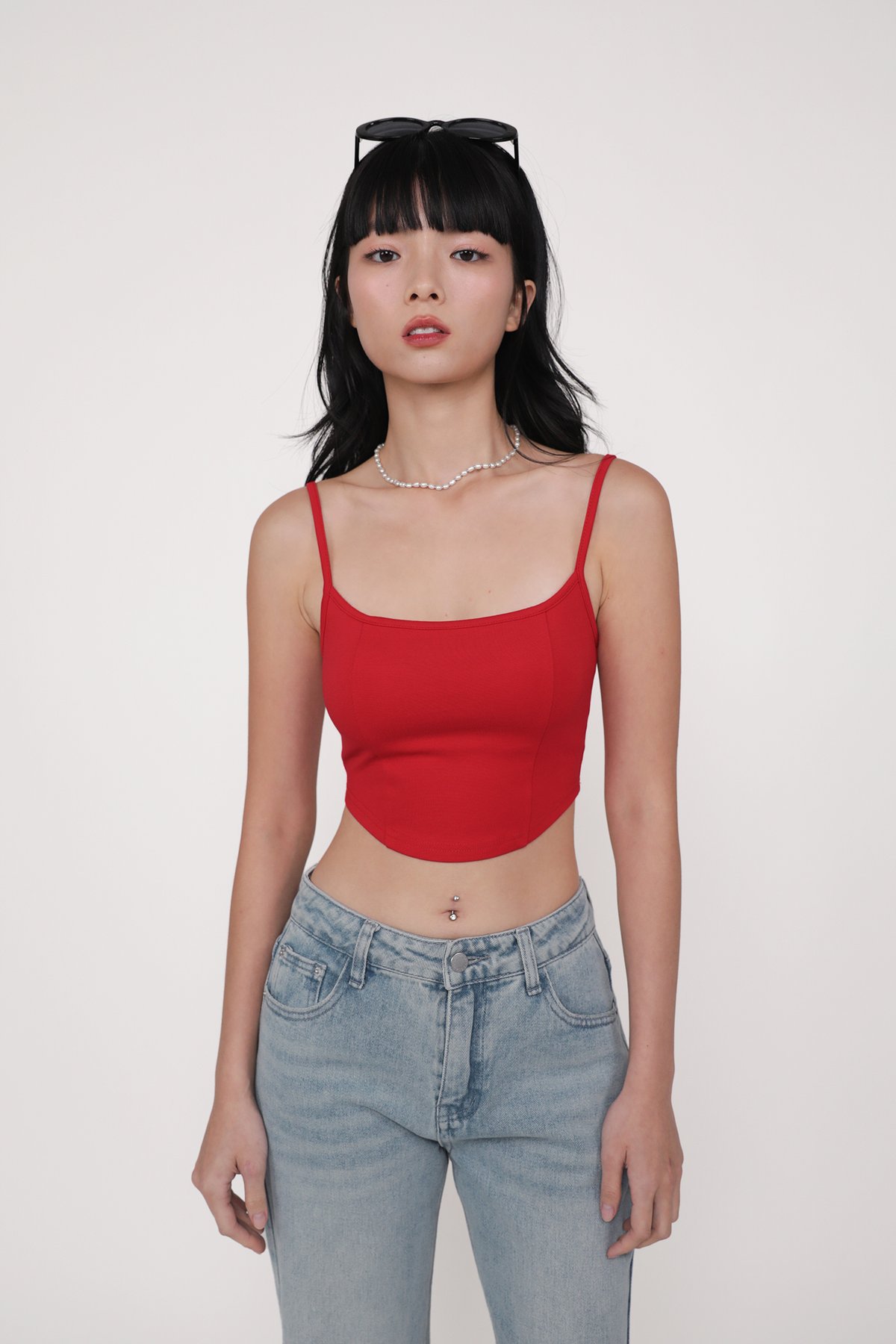 Adela Curved Hem Padded Top (Red)