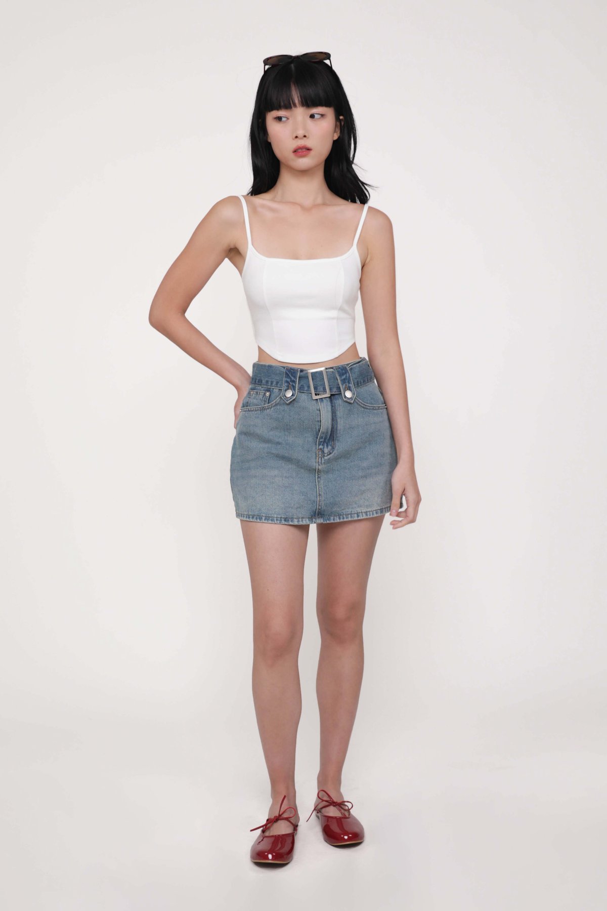 Adela Curved Hem Padded Top (White)