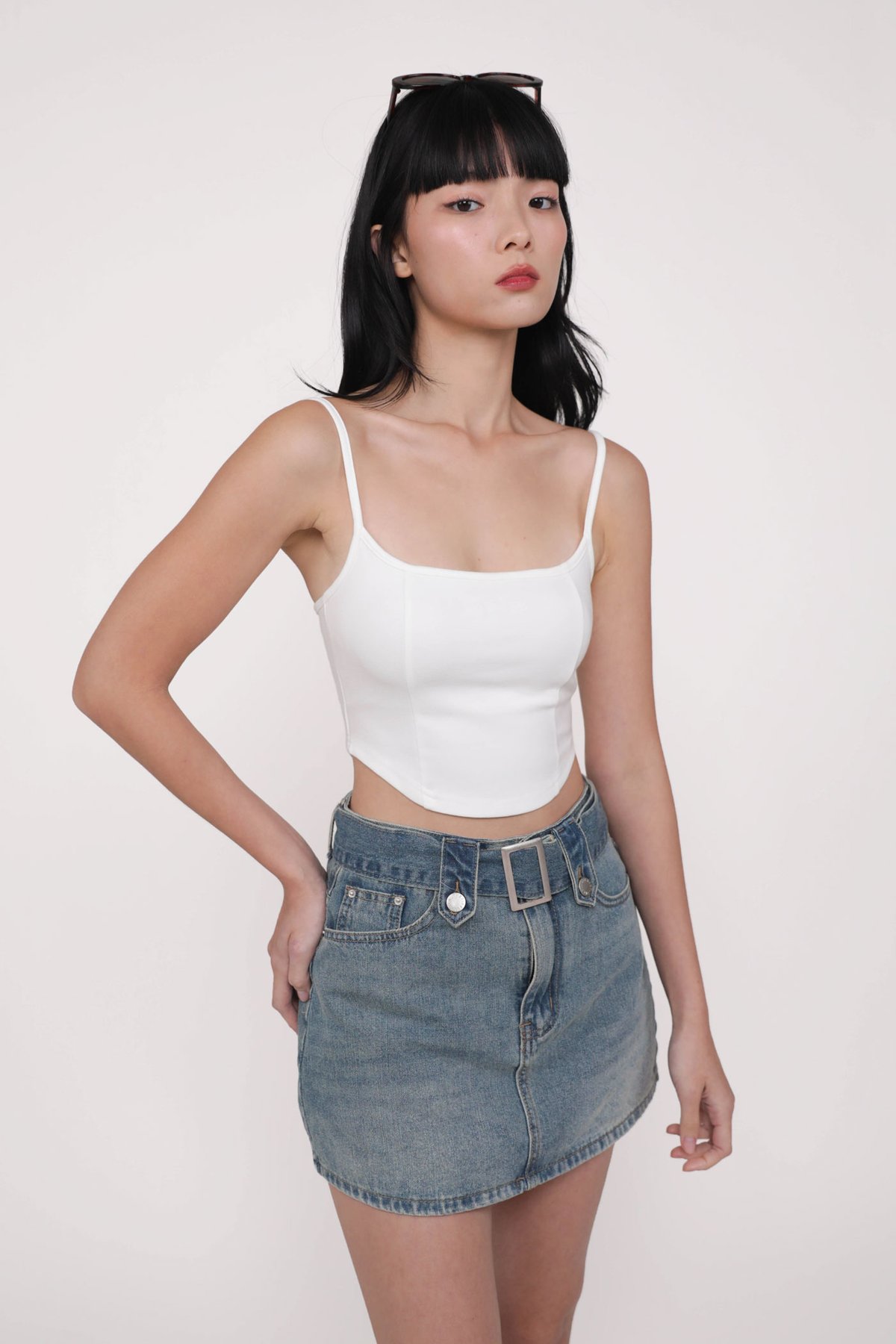 Adela Curved Hem Padded Top (White)