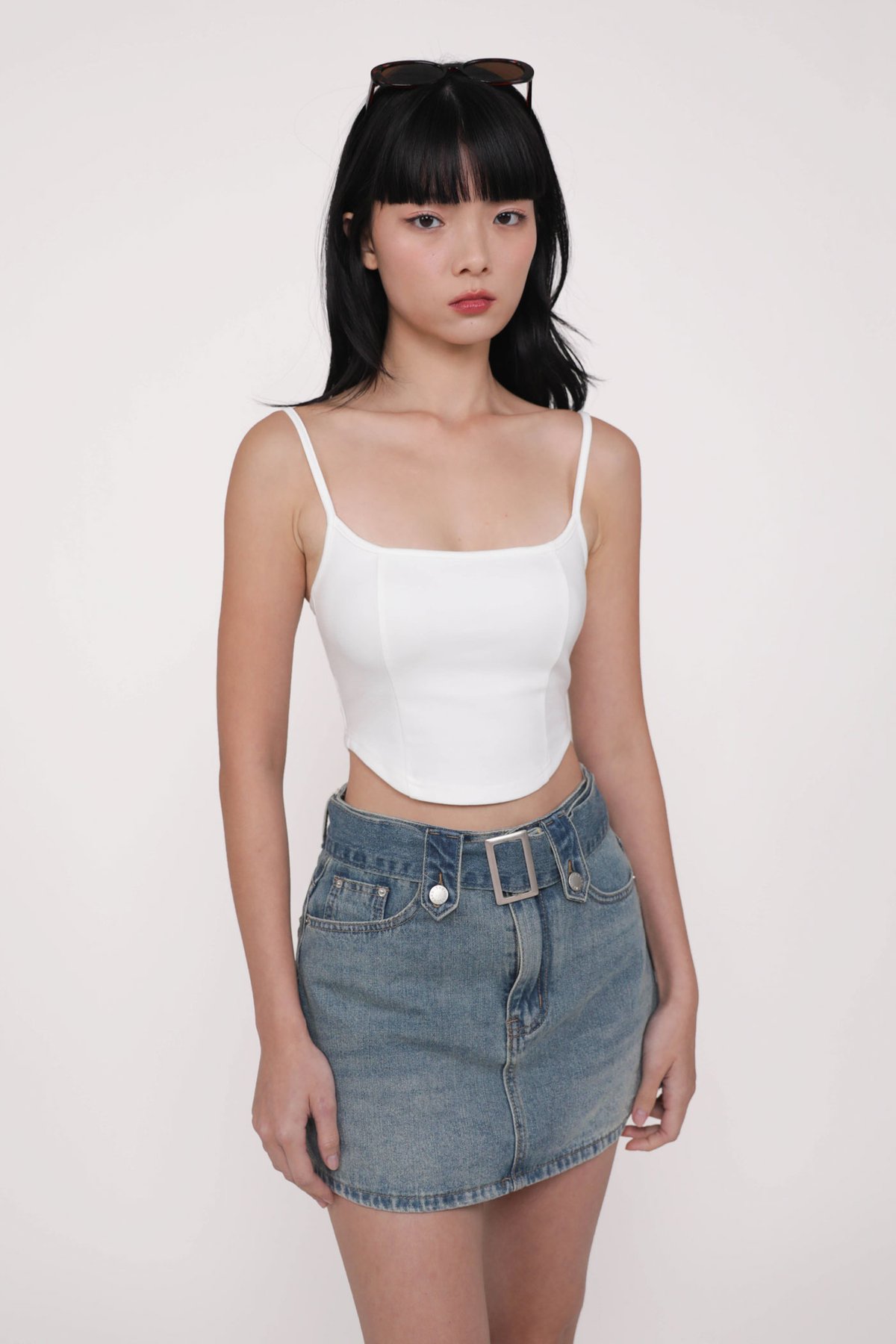 Adela Curved Hem Padded Top (White)