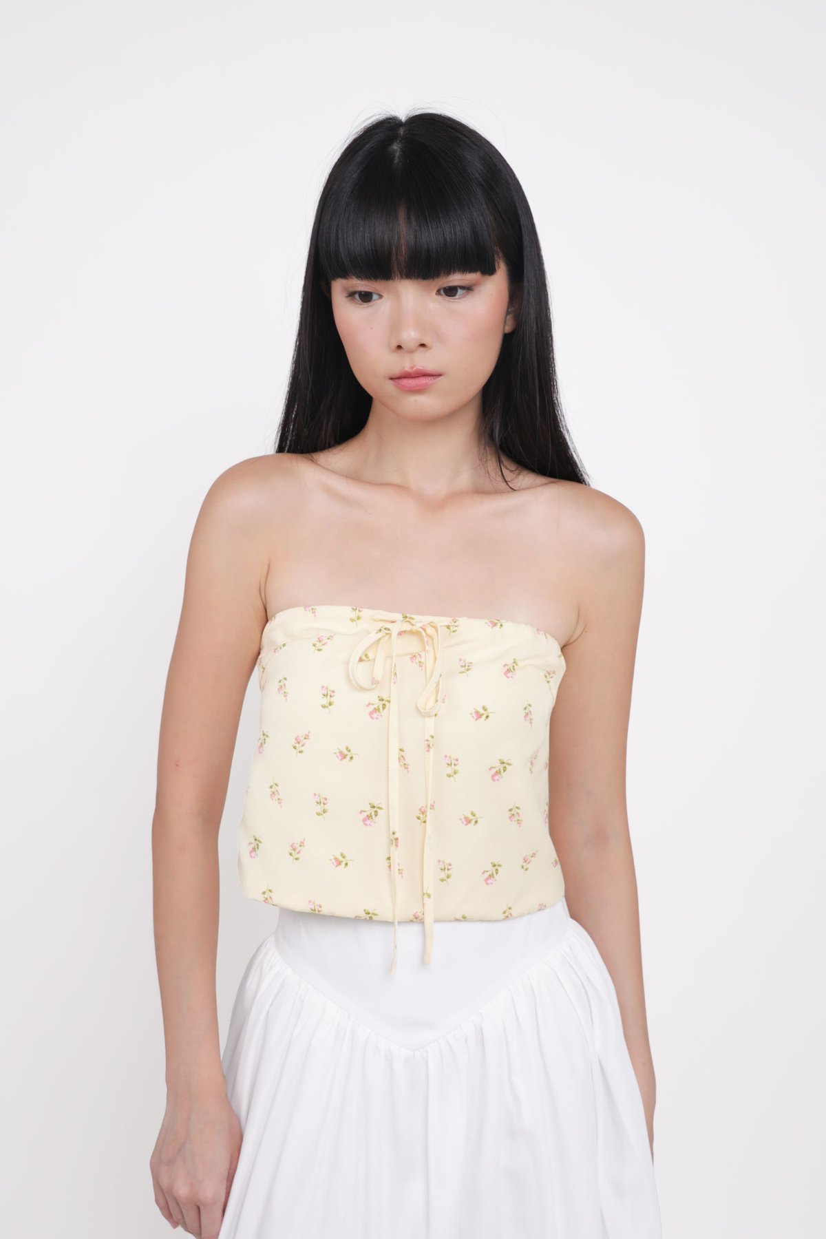 Ashlyn Tie Front Tube Padded Top (Yellow Roses)