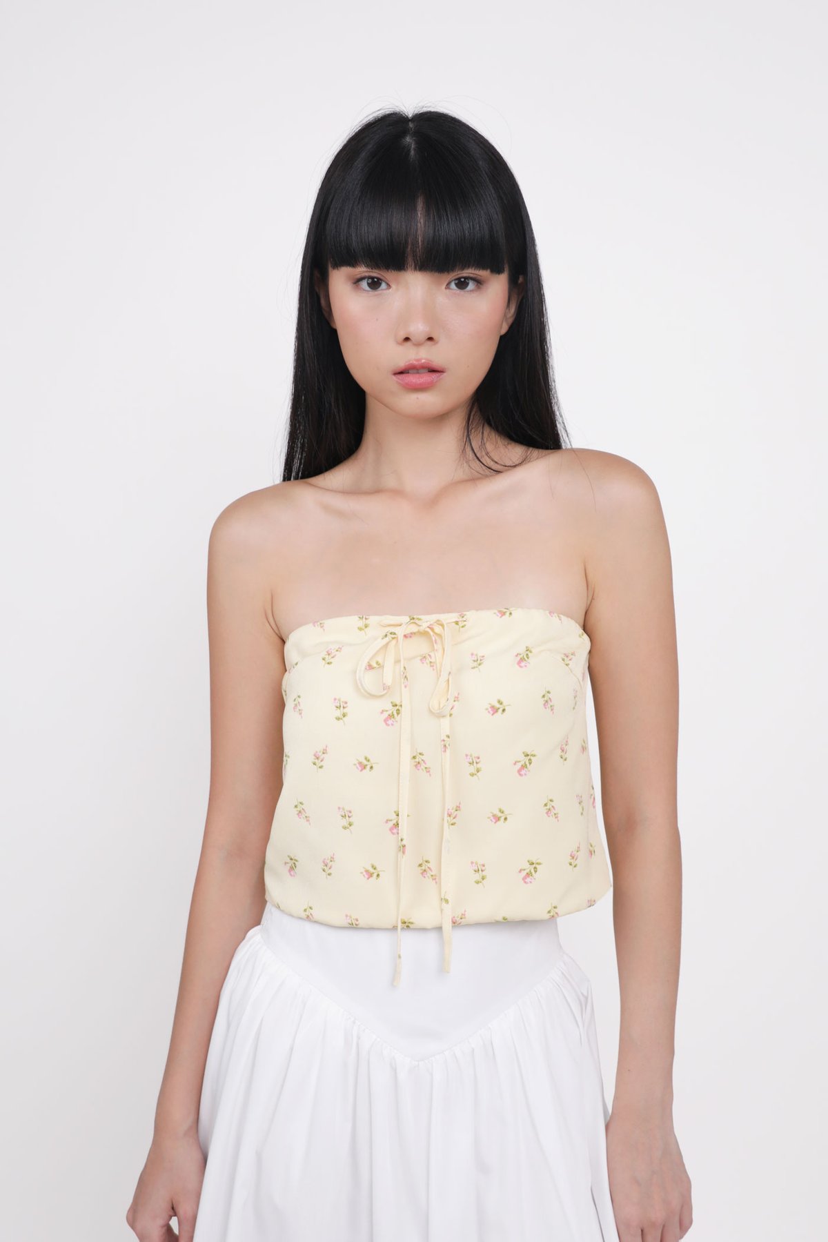 Ashlyn Tie Front Tube Padded Top (Yellow Roses)