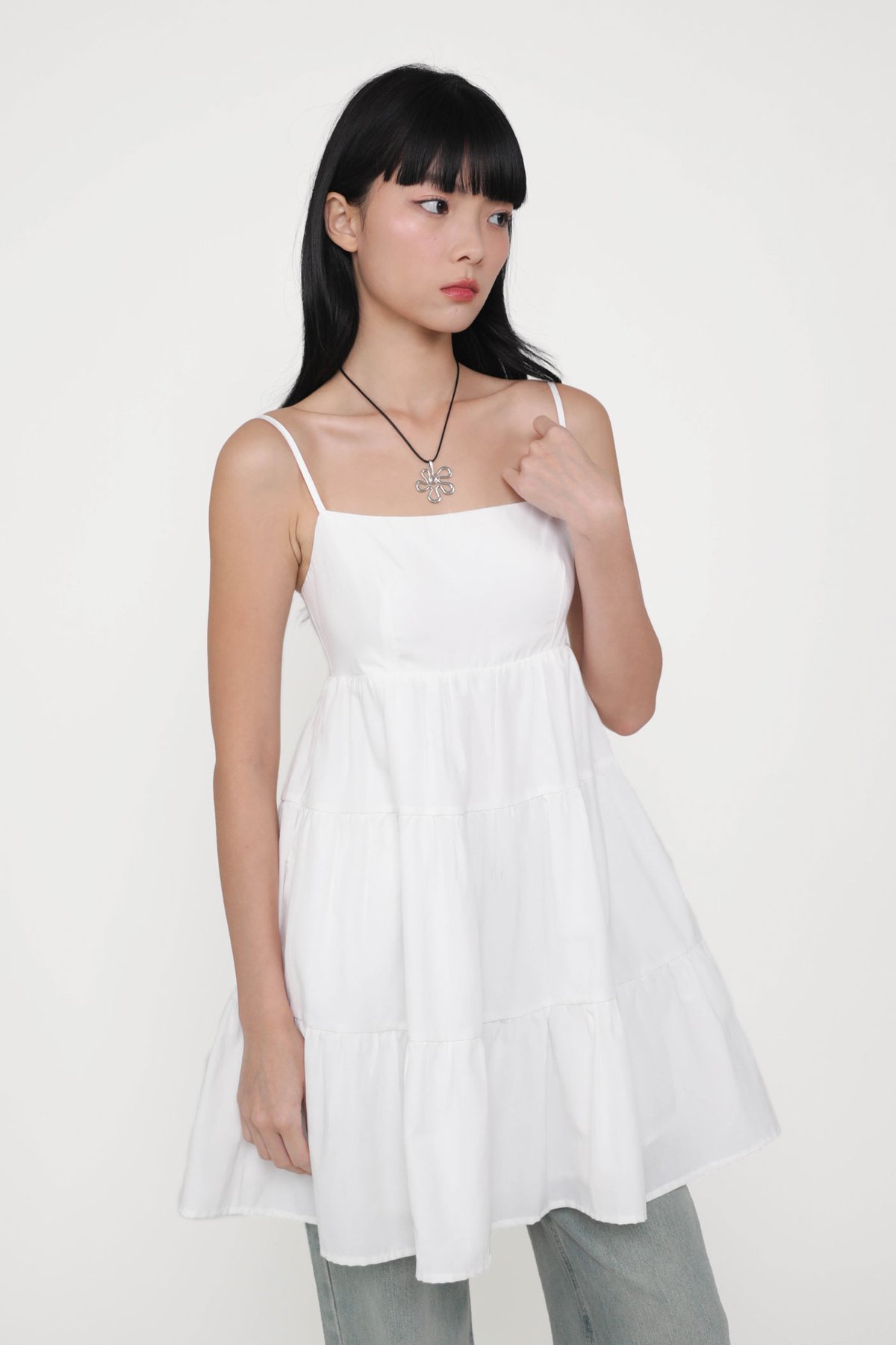 Roxana Babydoll Tiered Padded Dress (White)