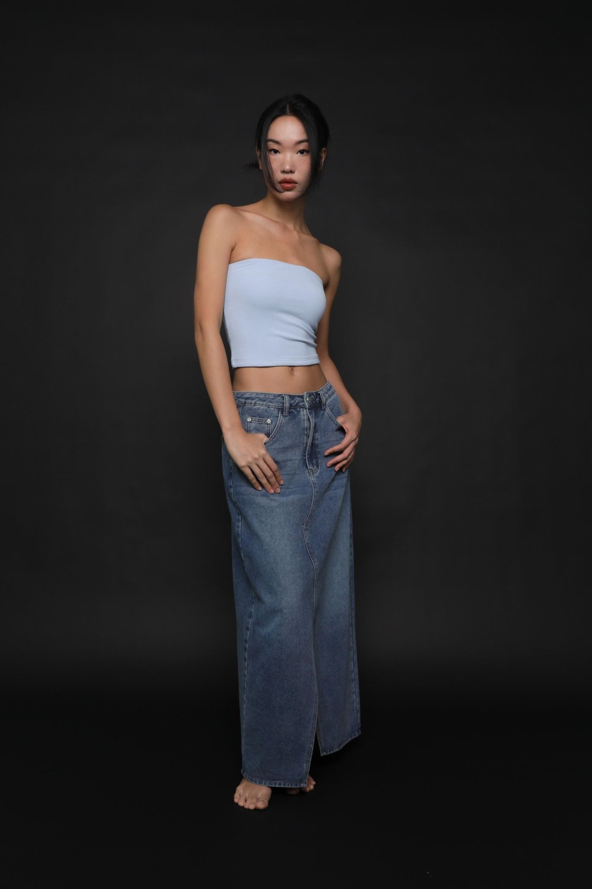 Allison Slit Front Denim Maxi Skirt (Mid Wash)