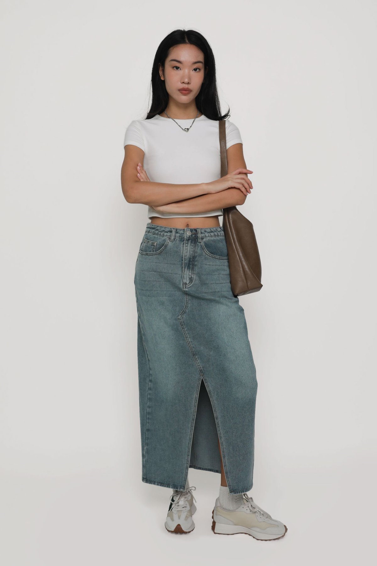 Allison Slit Front Denim Maxi Skirt (Mid Wash)