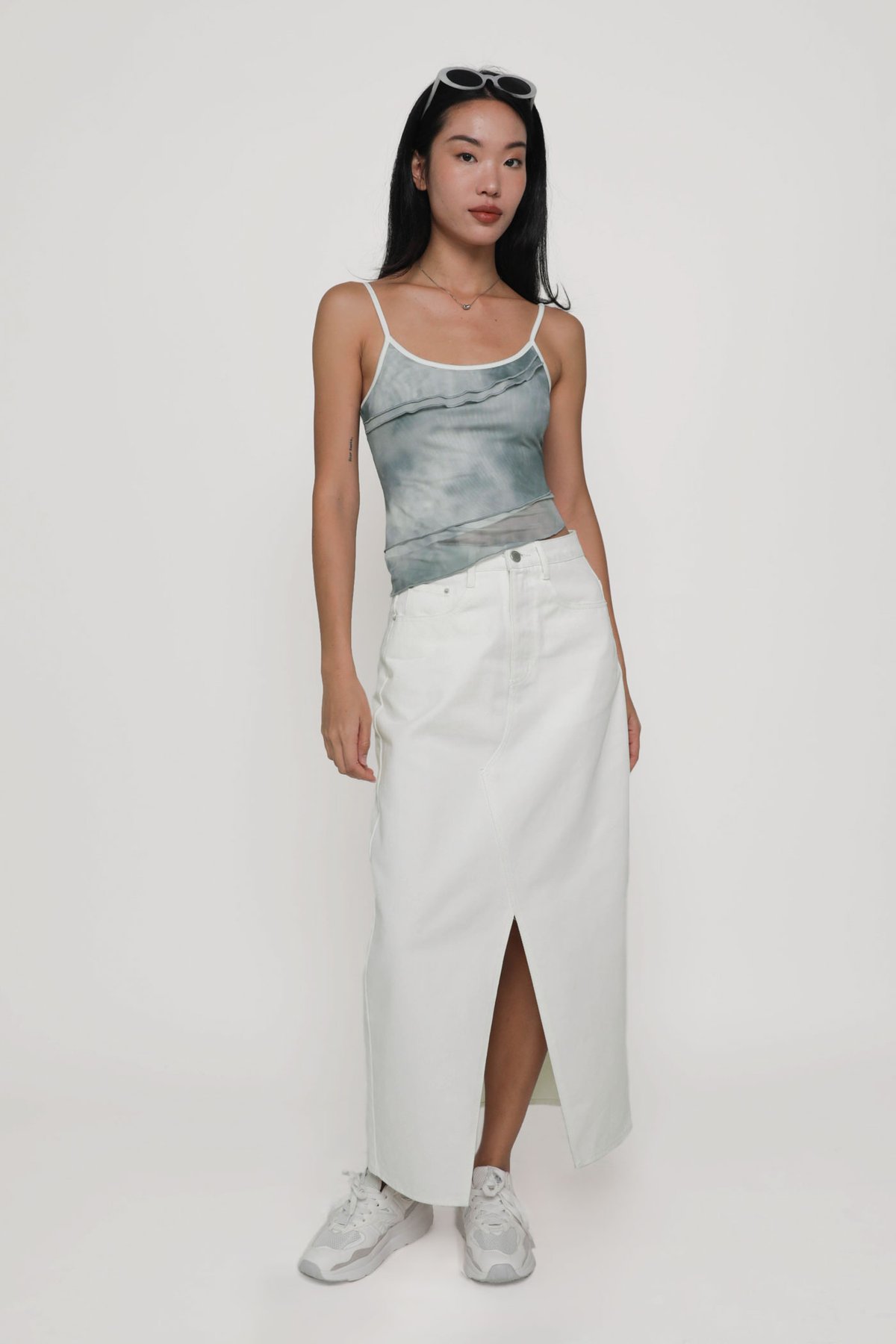 Allison Slit Front Denim Maxi Skirt (White)