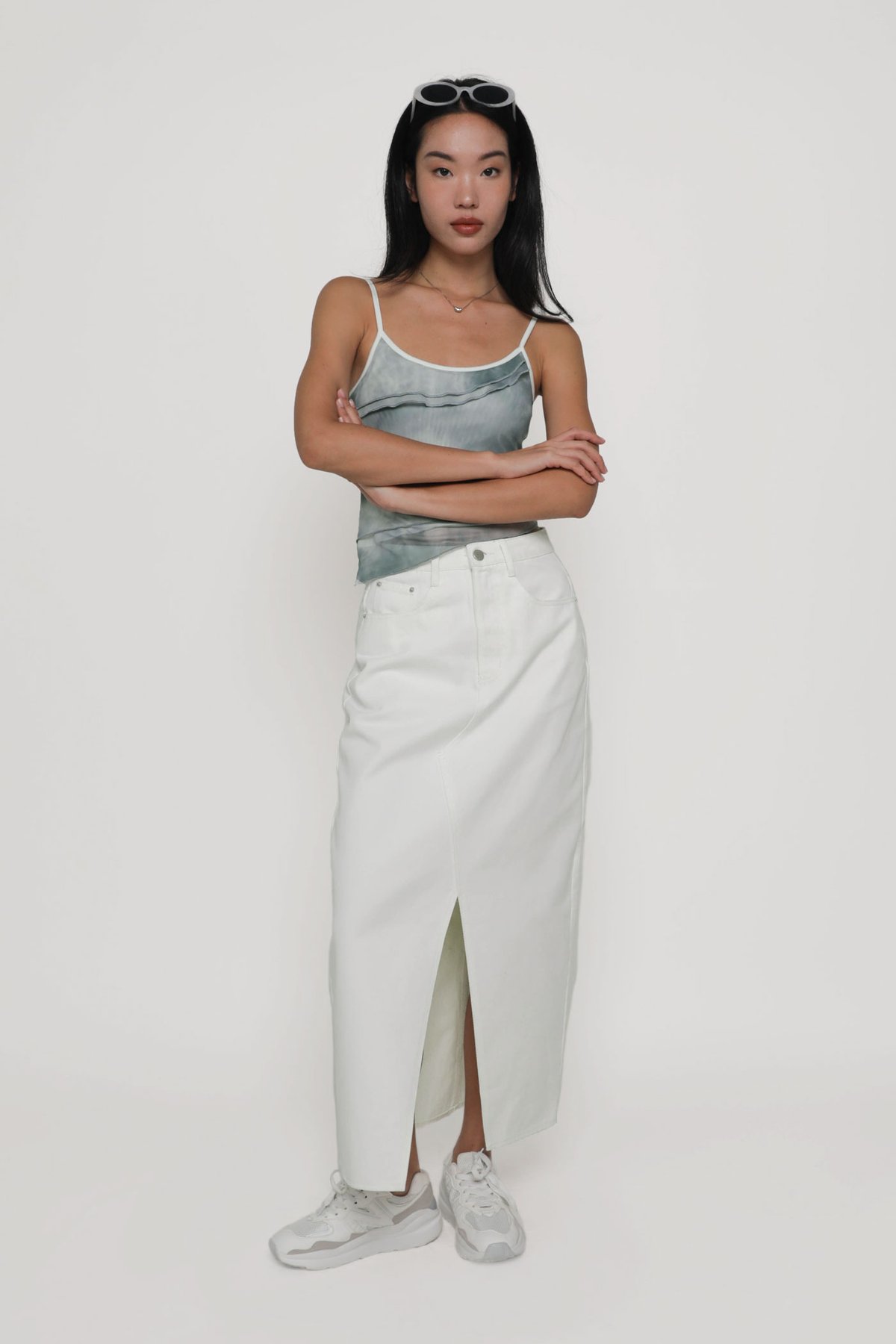 Allison Slit Front Denim Maxi Skirt (White)