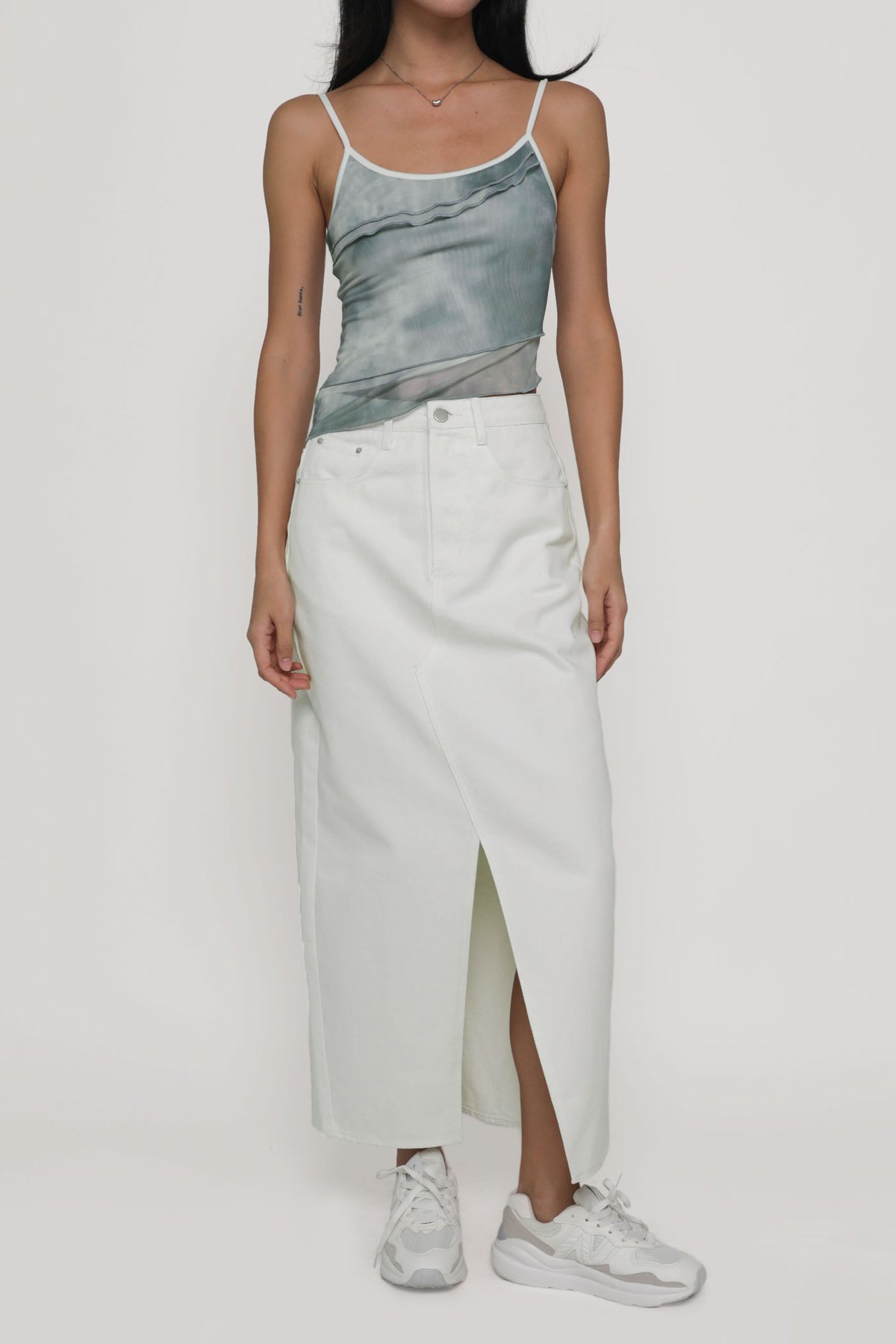 Allison Slit Front Denim Maxi Skirt (White)