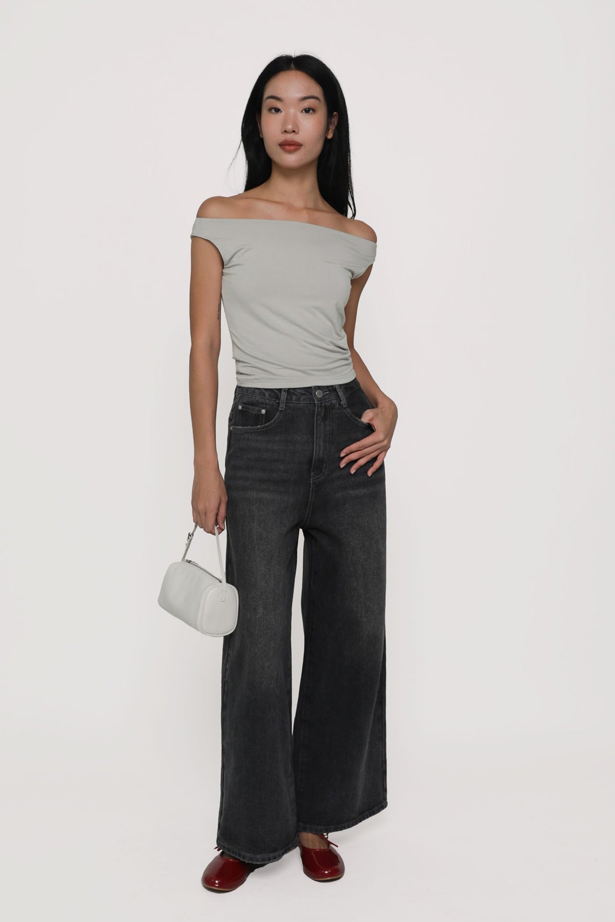 Petite Benjamin Wide Leg Denim Jeans (Stone Grey)