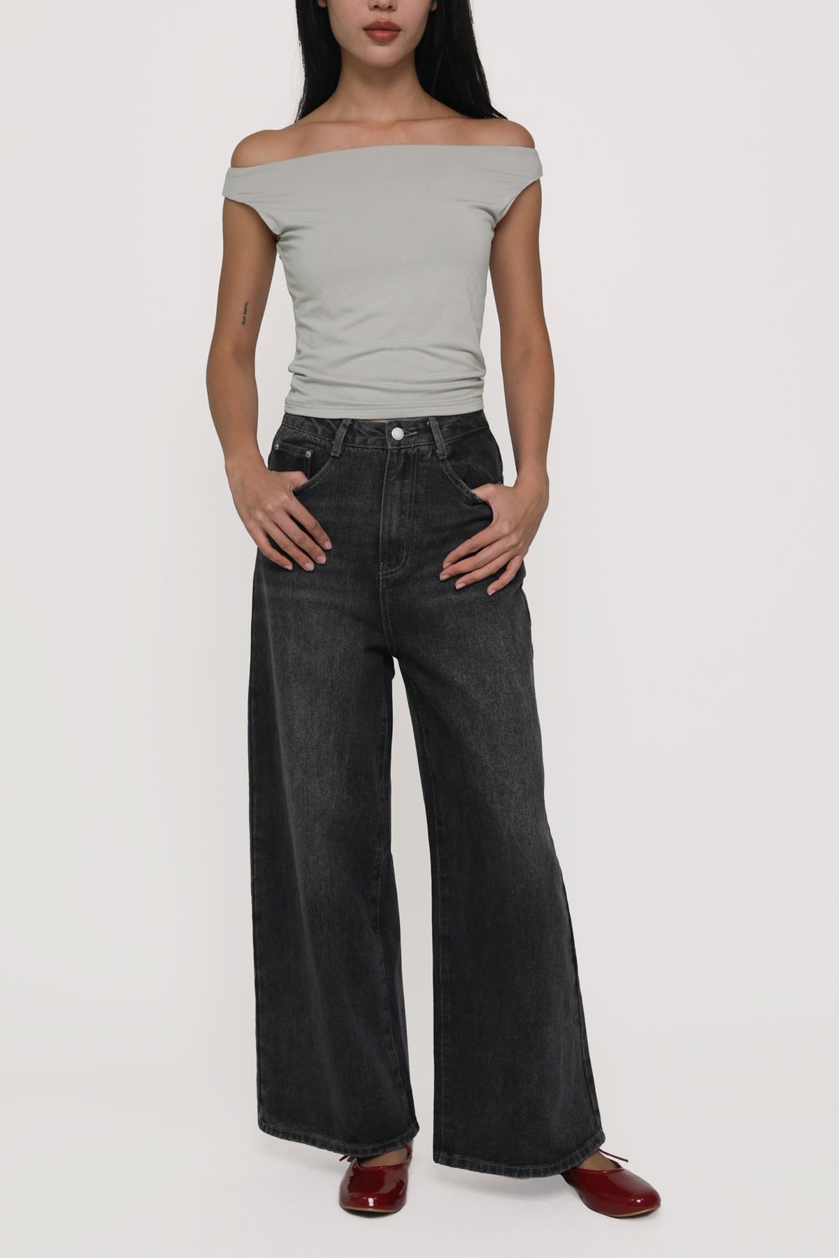 Petite Benjamin Wide Leg Denim Jeans (Stone Grey)