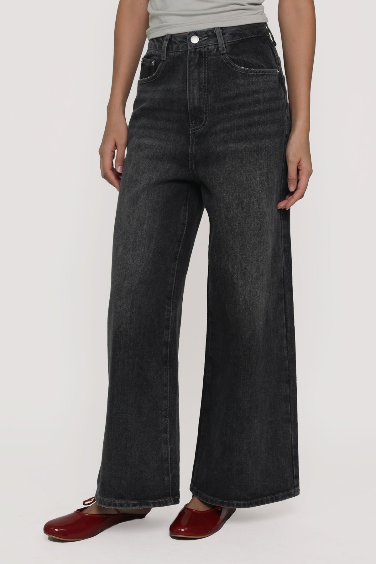 Petite Benjamin Wide Leg Denim Jeans (Stone Grey)